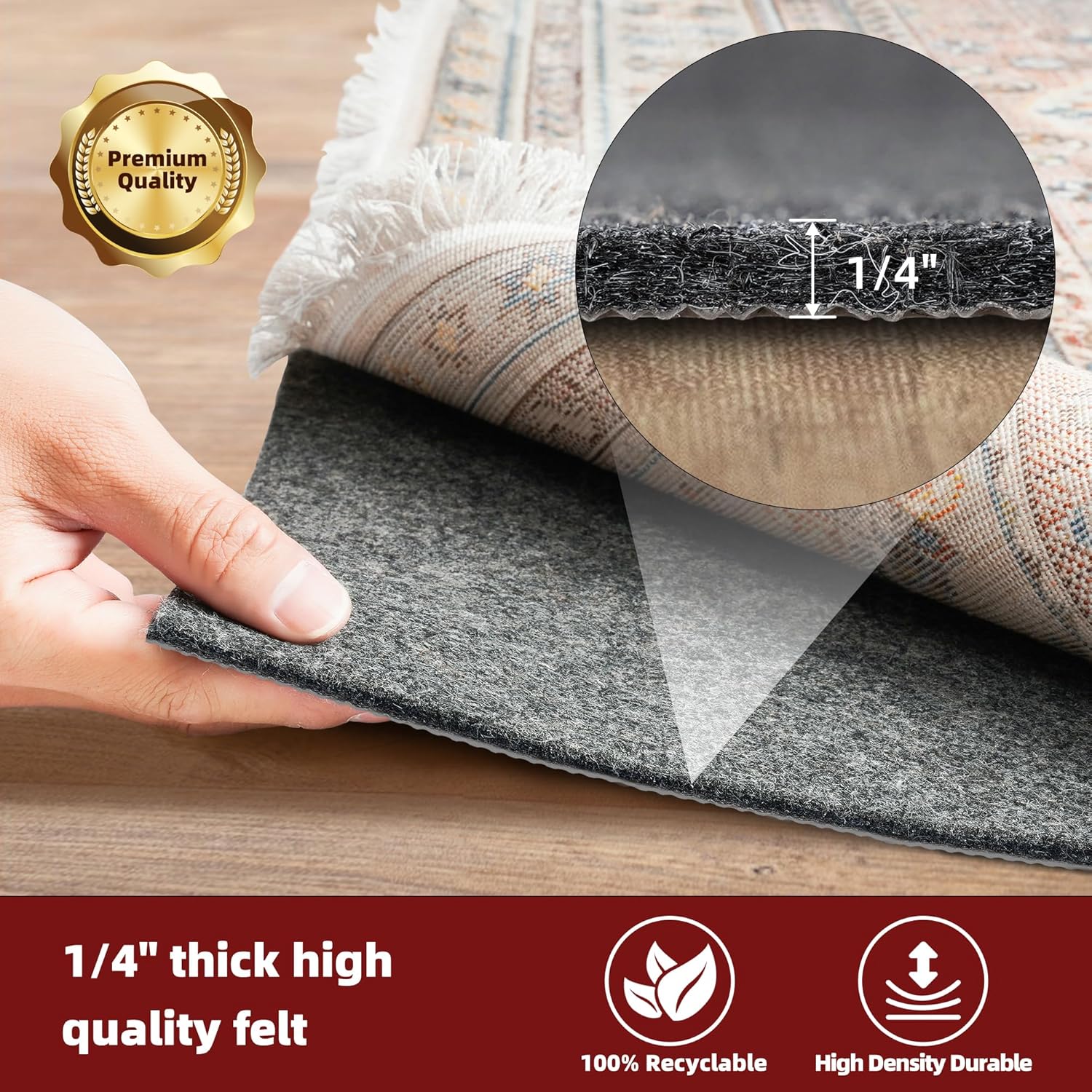 BAGAIL Felt and Natural Rubber Backing Rug Pads 1/4” Thick, 2 x 3 Ft Non Slip Carpet Gripper Keep Rugs in Place, Under Area Rug Protective Cushioned Pads, Carpet Runners, Hardwood Floors Protection