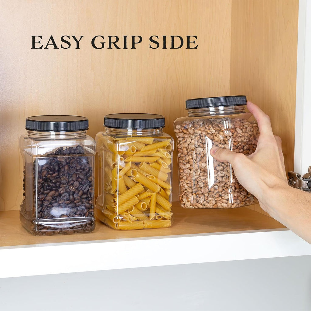 Cornucopia Brands 48oz Square Plastic Jars (3-Pack); Clear Rectangular 6-Cup Canisters w/Black Lids, Easy-Grip Side