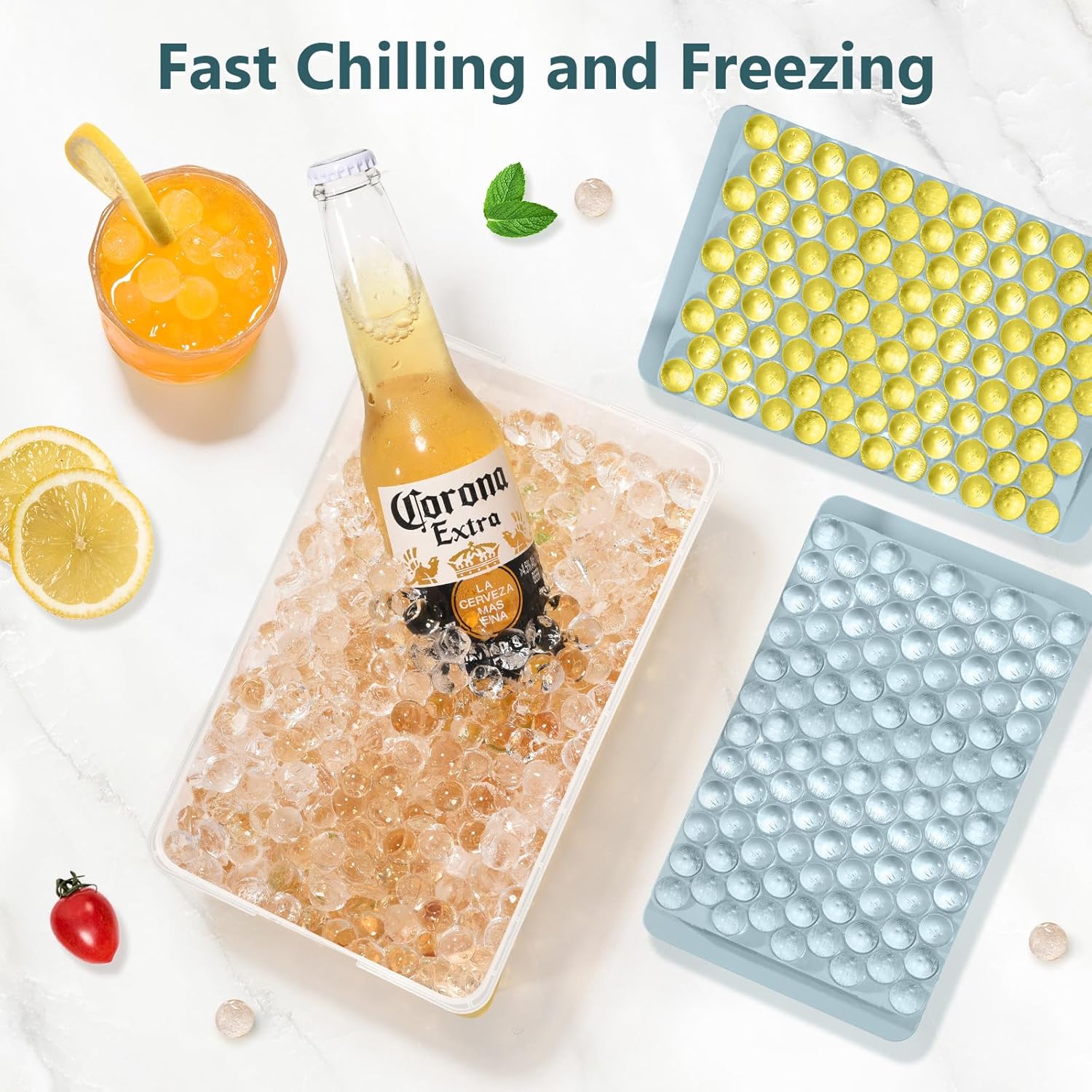 WIBIMEN Mini Ice Cube Trays, Small Tiny Round Pebble Crushed Nugget Ice Trays for Freezer with Lid - Chilling Drinks Coffee Juice(2 Pack/0.55In - Blue)