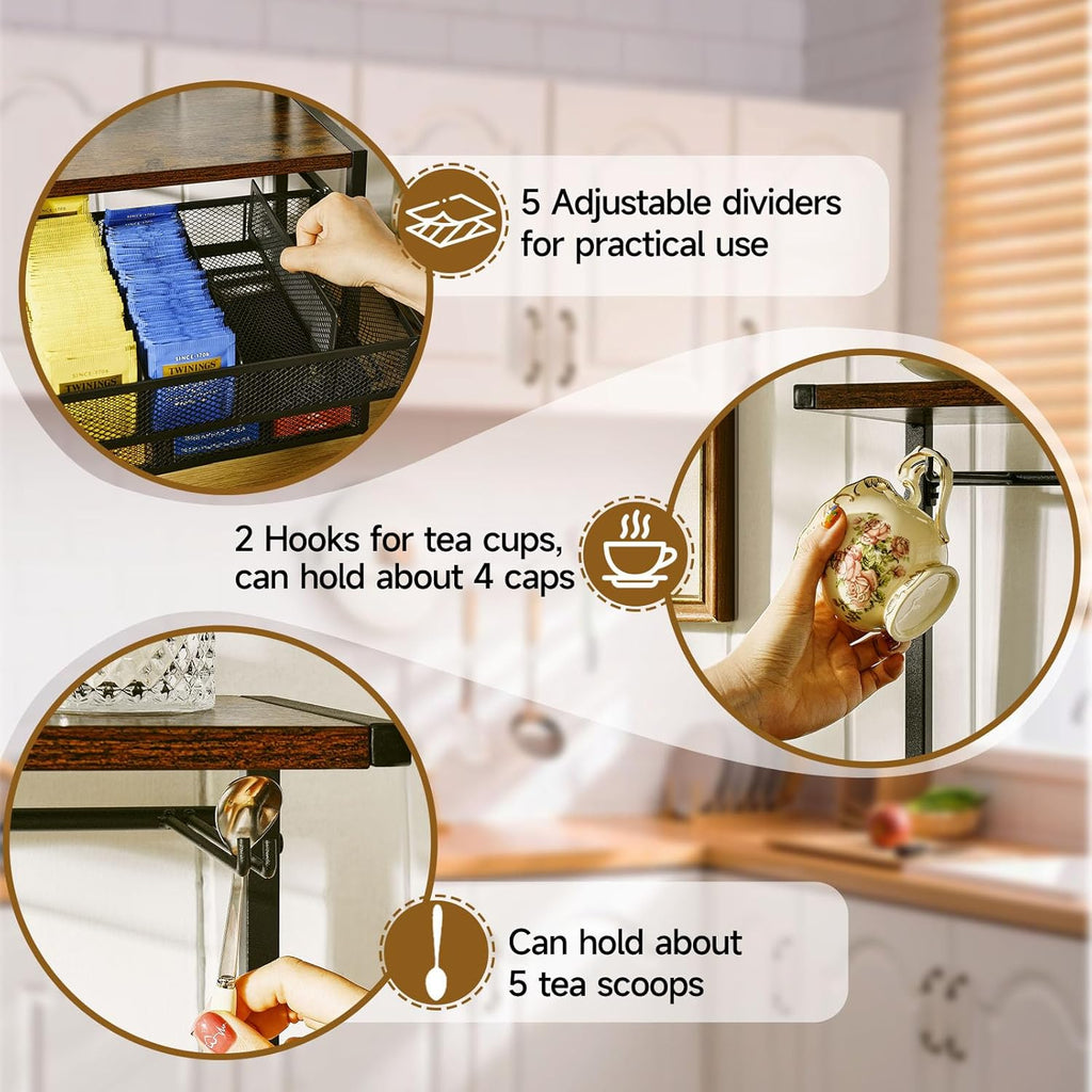 Pinzoveco Tea Bag Organizer, Large Tea Organizers and Storage Box,2 Drawers Tea Bags Holder Wood Tea Box Containers Tea Station Chest Display for Kitchen Organizers and Storage, Black