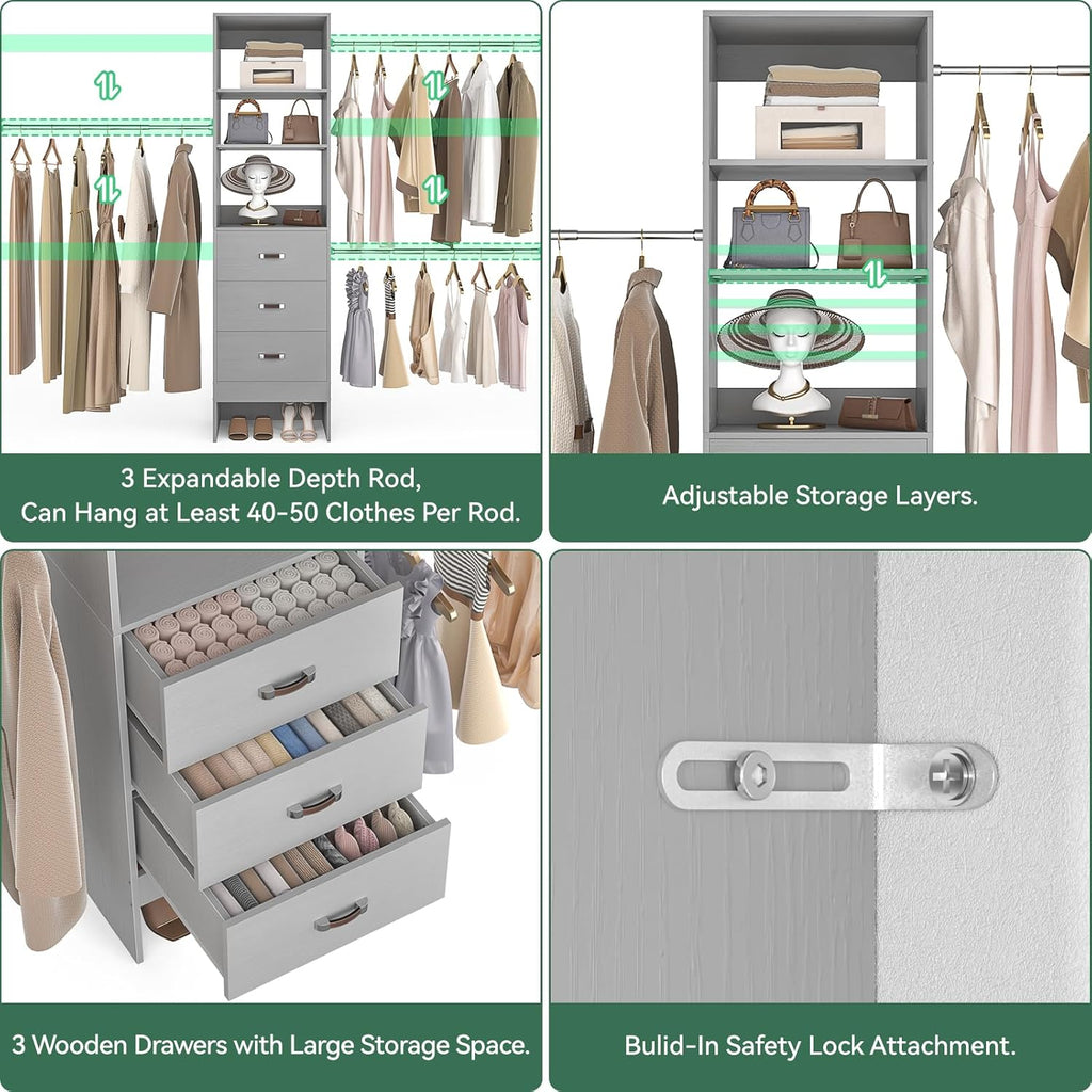 96'' Closet Organizer System with 3 Hanging Rods (Without 3 Storage Shelves), 8FT Closet Systems, Wall Mount Bedroom Wardrobe with 3 Wood Drawers, Adjustable Garment Rack from 5 to 8FT, Grey