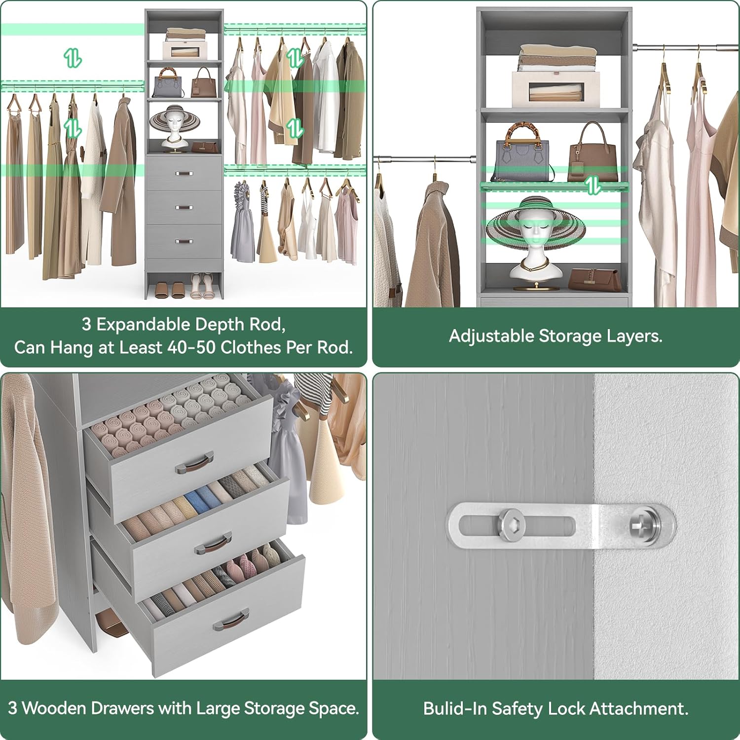 96'' Closet Organizer System with 3 Hanging Rods (Without 3 Storage Shelves), 8FT Closet Systems, Wall Mount Bedroom Wardrobe with 3 Wood Drawers, Adjustable Garment Rack from 5 to 8FT, Grey