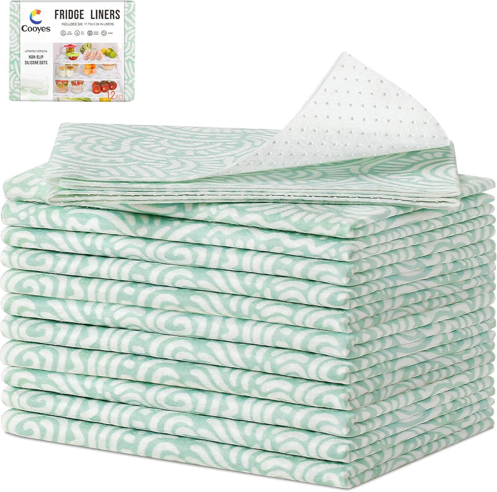 Cooyes 12 Pack Fridge Bin Liners, 12“ × 24” Refrigerator Mats with Non-Slip Particles, Drawer Liners for Kitchen Cabinets, Breathable Cloth Material BPAfree, Keep Produce Fresh Longer