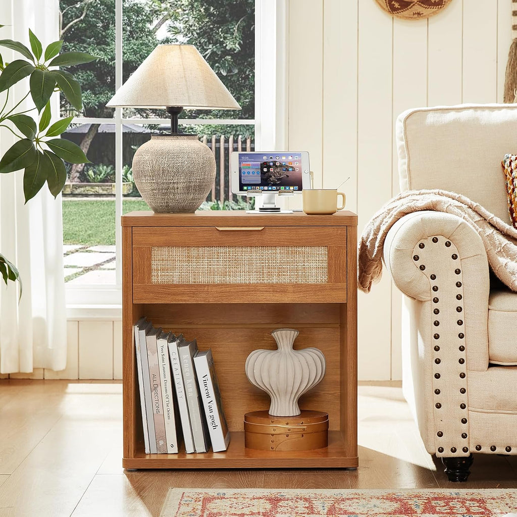 LEYAOYAO Rattan Nightstand with Charging Station, 23" Wide Boho Night Stand with Drawer, Natural Wood Bedside Table Open Storage Cabinet, Bed Side End Tables Dresser for Bedroom, Living Room, Hallway