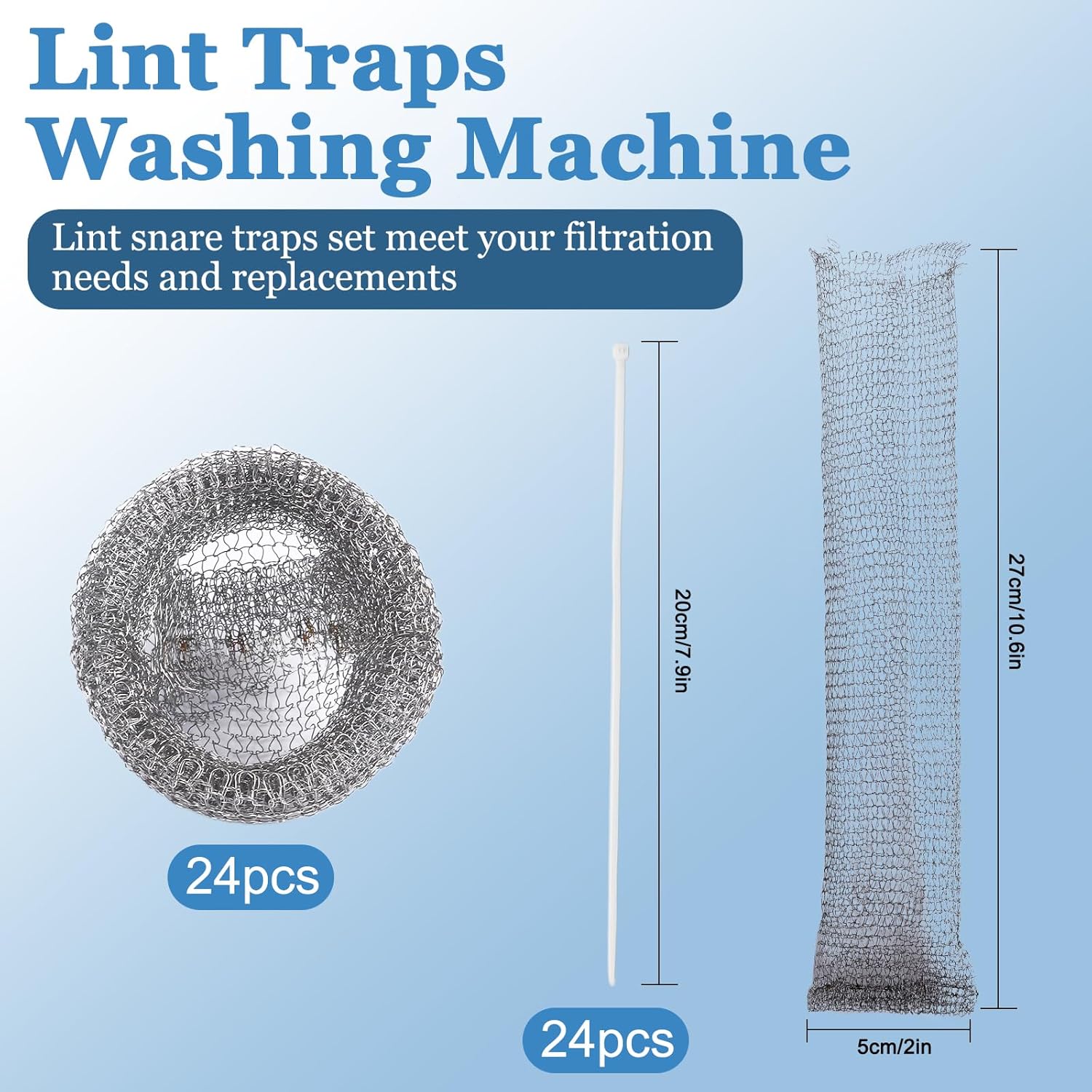 24 Pieces Stainless Steel Lint Traps for Washing Machine Hose,Rust-Proof Pet Lint Catcher Mesh Filter with 24 Pieces Cable Ties