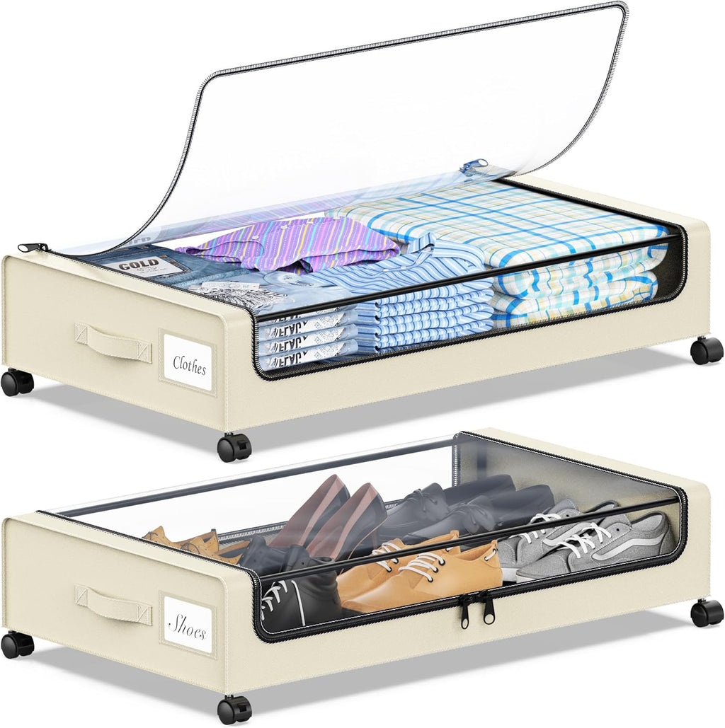 Under Bed Storage with Wheels, Under the Bed Storage Containers with Clear Lids & Label, Underbed Storage Bins, XXL 60L Rolling Metal Drawer for Clothes, Shoes, Toys, Books (Beige)