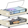 Under Bed Storage with Wheels, Under the Bed Storage Containers with Clear Lids & Label, Underbed Storage Bins, XXL 60L Rolling Metal Drawer for Clothes, Shoes, Toys, Books (Beige)