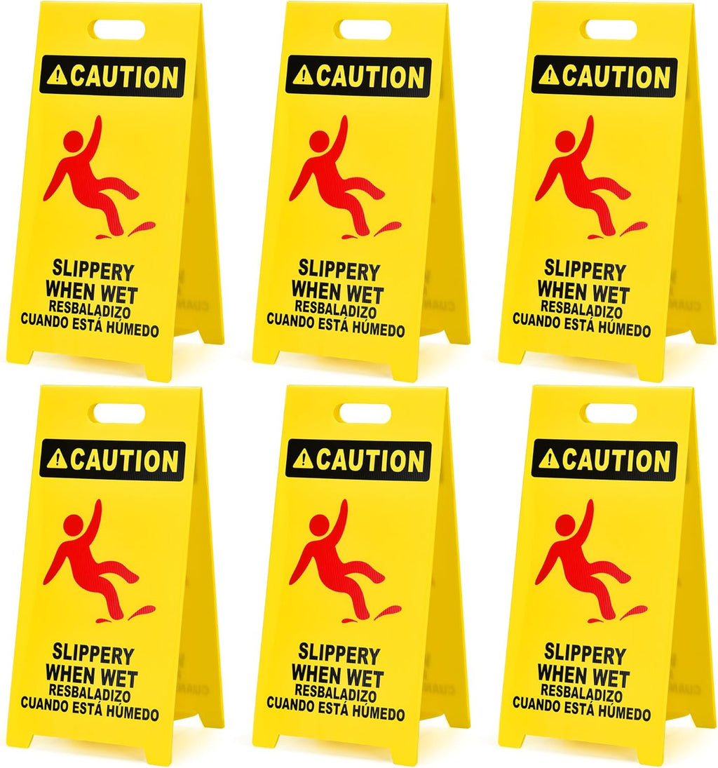 MATTHEW CLEANING 25'' Industrial Wet Floor Sign 6 Pack 2-Sided Durable Corrugated Plastic Birght Yellow Multilingual Warning Signs Commercial Caution Wet Fold-out Floor Signs For Indoors