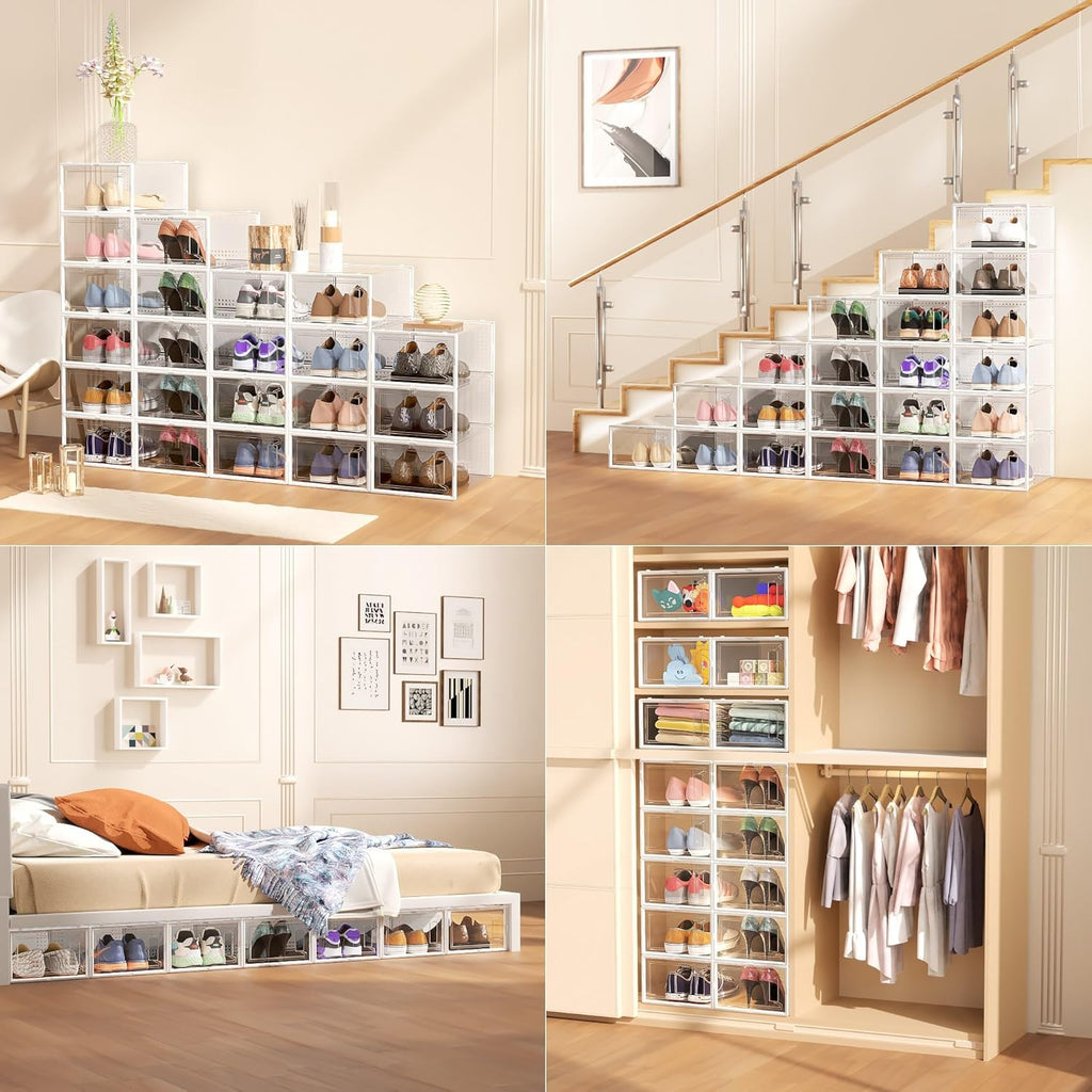 Secret Space 12 Pack Large Shoe Organizer Storage Boxes for Closet, Modular Space Saving Shoe Boxes Clear Plastic Stackable Sneaker Containers Display Case with Lids, White02