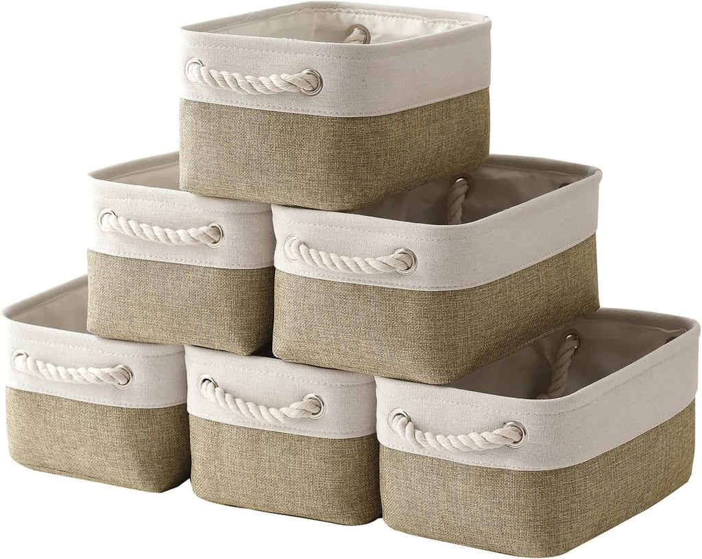 TcaFmac Storage Bins for Shelves - Small 6 Pack Collapsible Storage Basket for Organizing, Fabric Storage Cubes with Handle for Closet Cloth Toy Gift Kids (White & Khaki 11.8x7.8x5.2 inch)