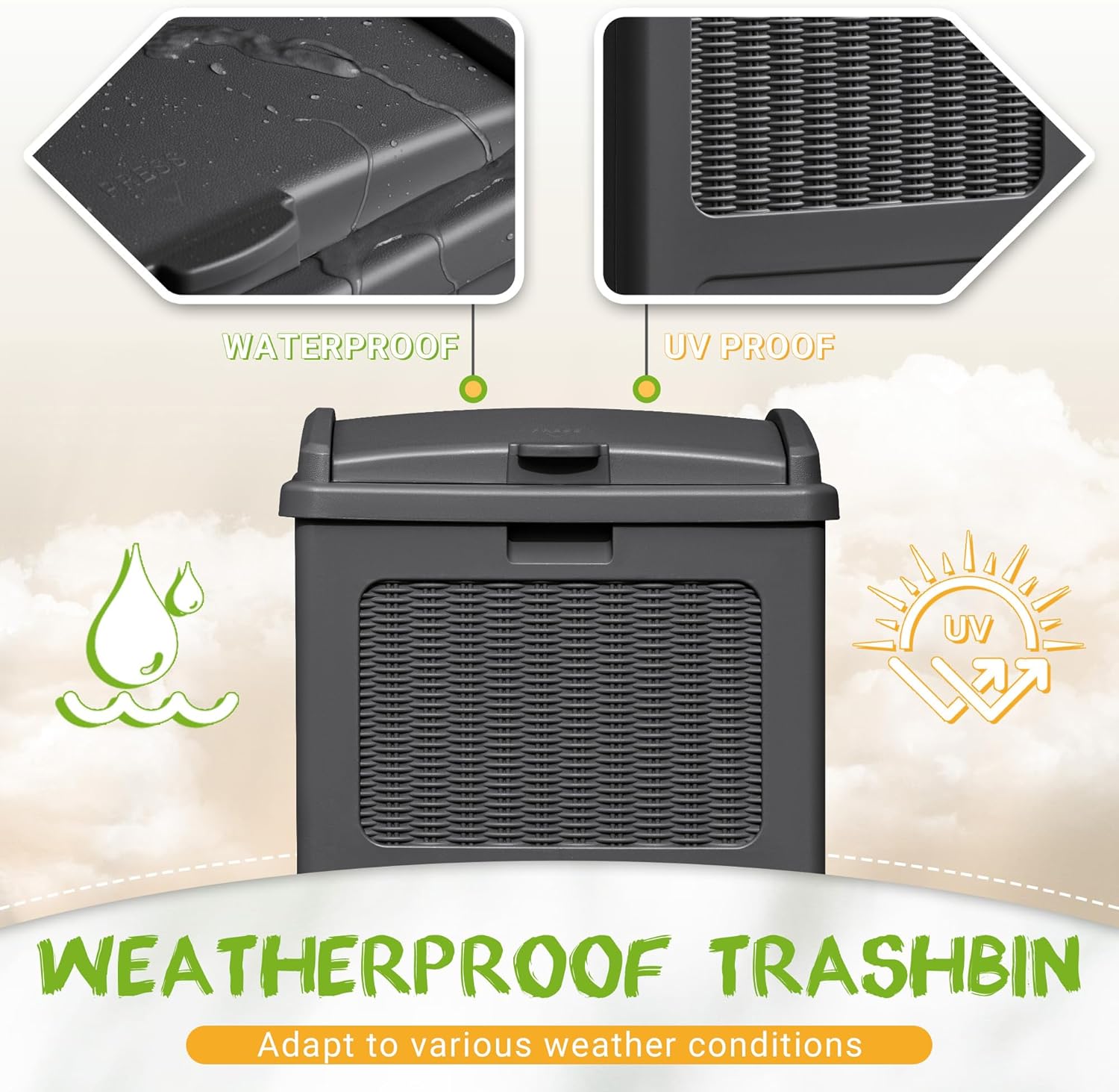 YESHOMY 33 Gallon Resin Outdoor Trash Can with Lid, Hideaway Waterproof Patio Garbage Bin, Gray