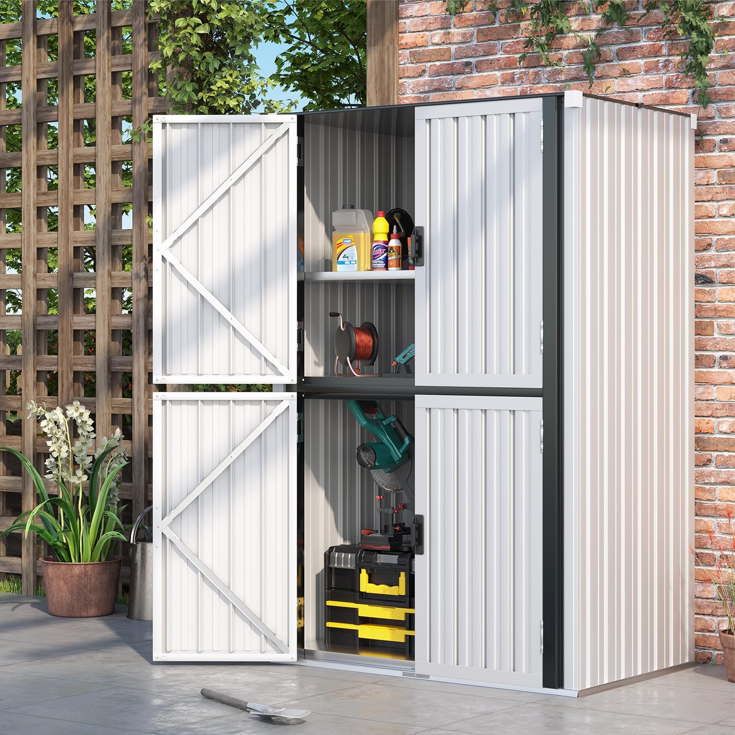 AECOJOY Outdoor Storage Cabinet, Outdoor Cabinets Waterproof with Shelves, Large Lockable Storage Cabinet Metal Vertical Storage Shed Tall Weatherproof Garden Sheds & Outdoor Storage White