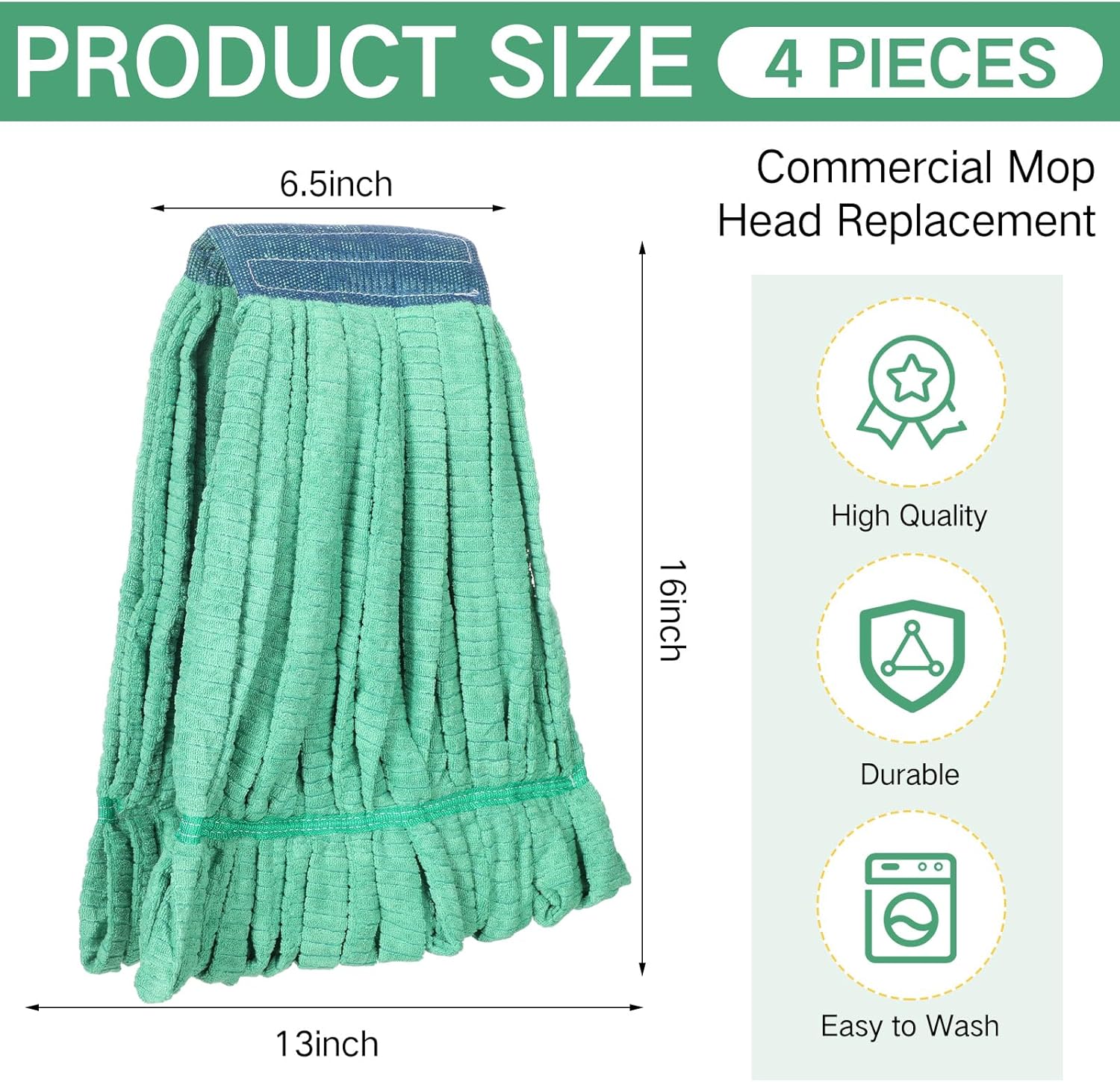 Lallisa 4 Pcs Commercial Mop Head Replacement Tube Microfiber Industrial Looped End Mop Heads Refill for Floor Cleaning for Home Commercial Industrial Use(Large,Green)