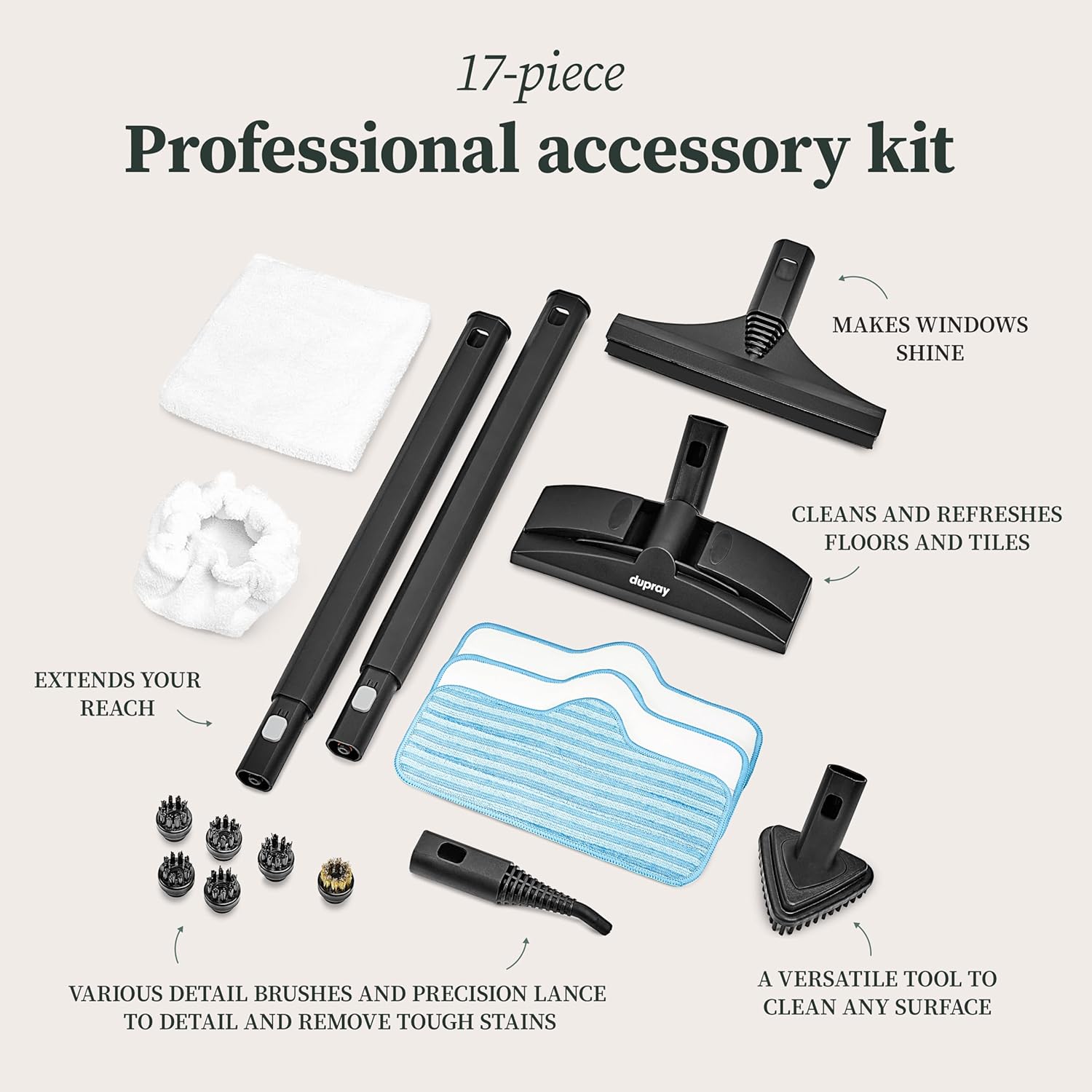 Dupray Neat Steam Cleaner with 17-Piece Kit – Powerful, chemical-free cleaning for floors, cars, tiles, upholstery, kitchen appliances, grout, and more. *Kills 99.9% of Bacteria & Viruses