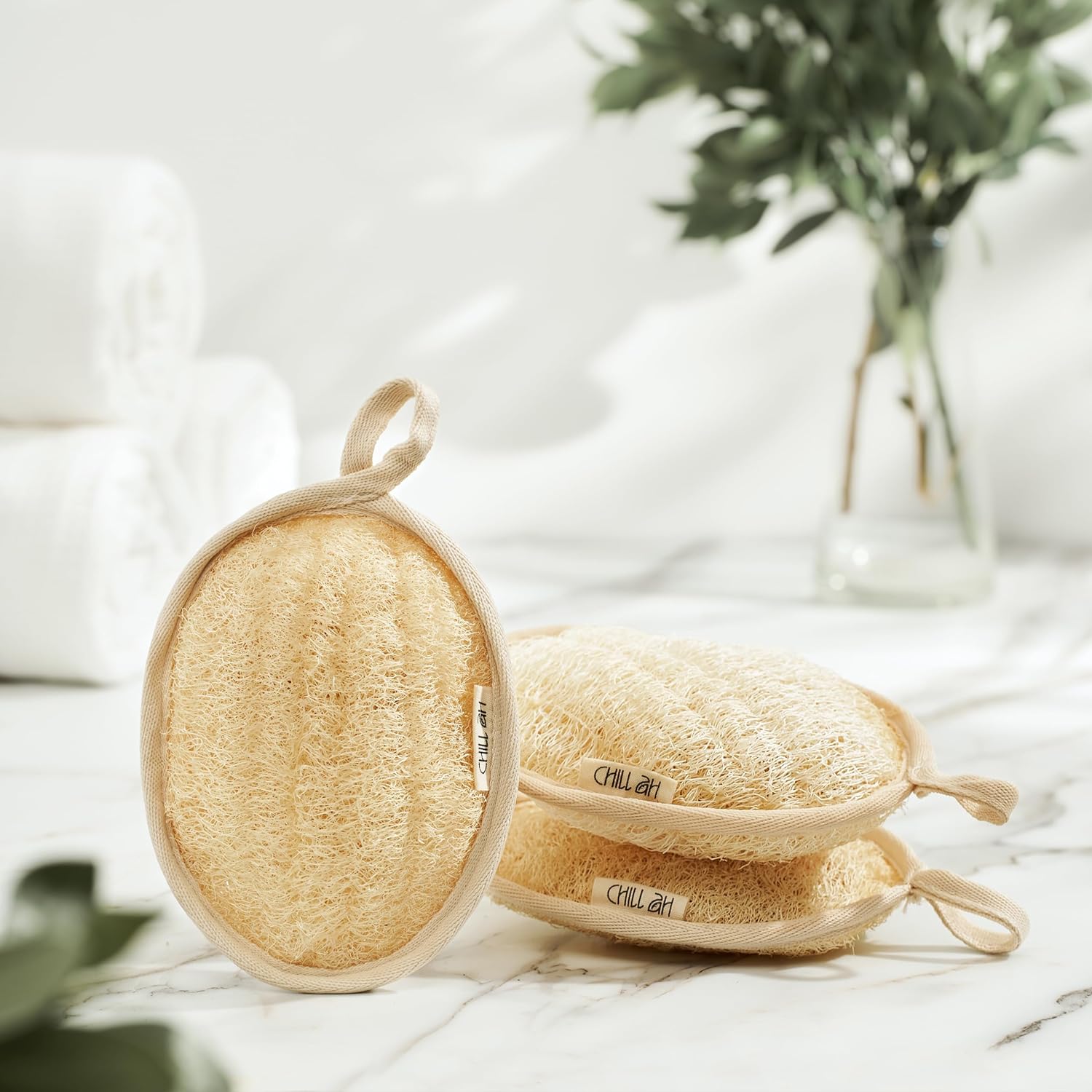 Chill Ah Green Glow All Natural Exfoliator Dual Sided Loofah Bath Sponge Set – 100% Plant-Based, dye-Free, Biodegradable, Scratch-Free, Handcrafted in Vietnam (2-Pack)
