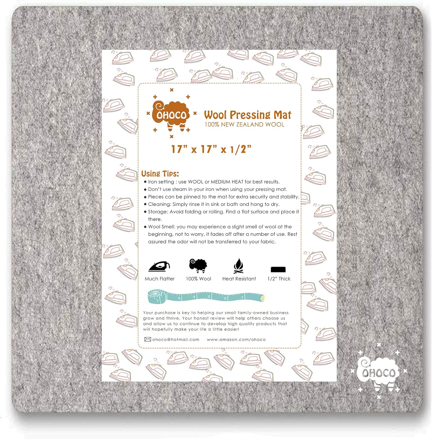 Wool Ironing Mat for Quilting - 17" x 17" XL Large Felt Ironing Pad 1/2" Thick, 100% New Zealand Wool Heat Resistant for Ironing, Sewing, Cutting on Ironing Board, Tabletop, Dryer, Countertop