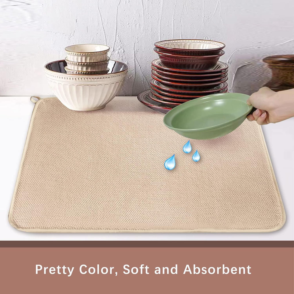 Dish Drying Mats for Kitchen Counter, 2 Pack Dish Drying Pads Dish Rack Mat Drying Pink Kitchen Mat (Beige-2)