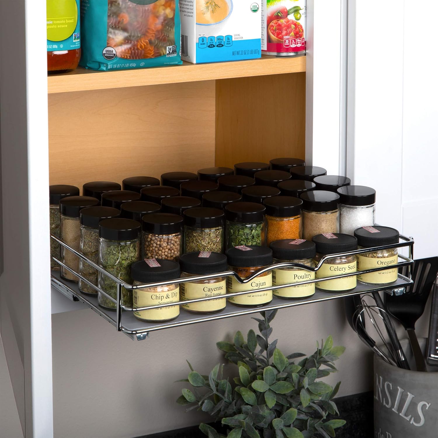 Pull Out Cabinet Organizer for Spices, Cans - Heavy Duty with Lifetime Limited Warranty- Pull Out Spice Rack- Cabinet Pull Out Shelf for Cans,Dishes, Etc, 14-3/8"Wx 10-1/2"D x 2-3/4” H, Chrome