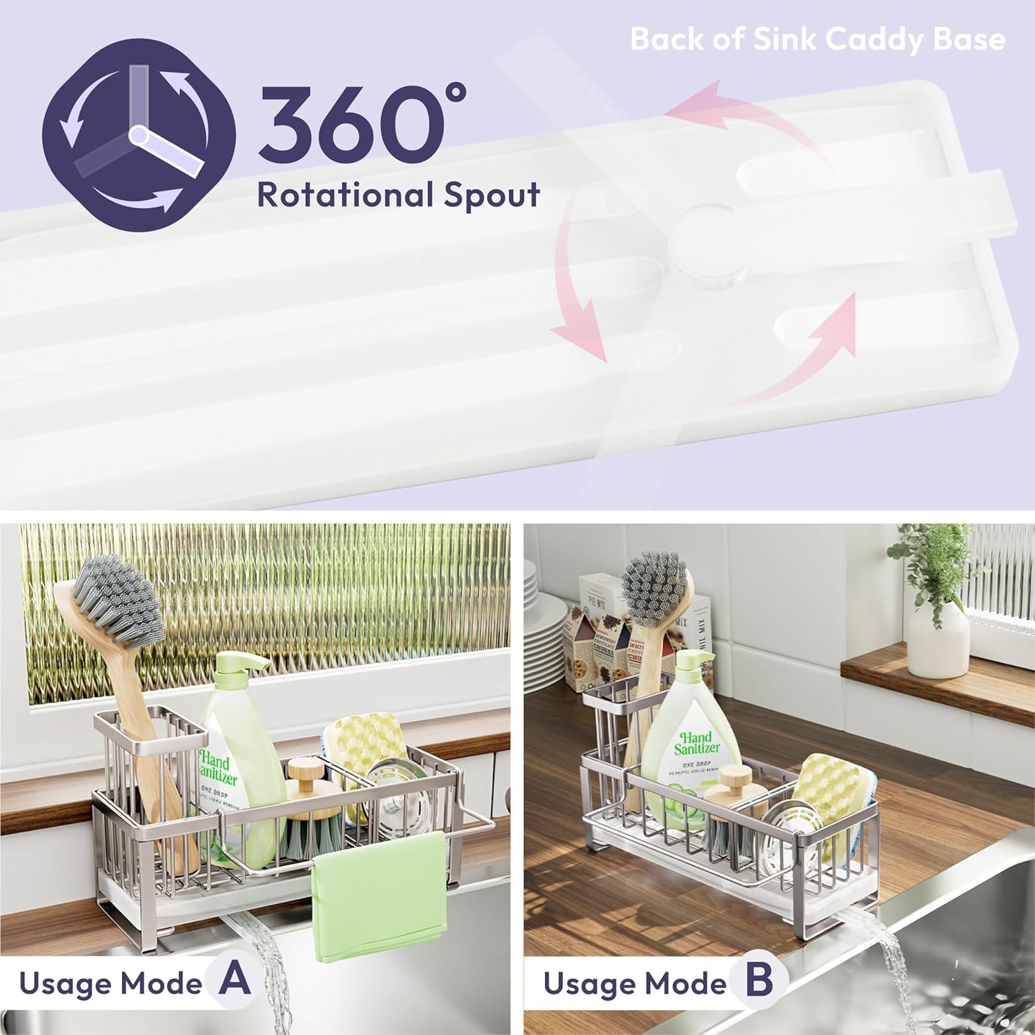 SWTYMIKI Sponge Holder for Kitchen Sink - Sink Caddy with Brush Holder Self-draining Sponge Caddy Organizer with Divider Stainless Steel Kitchen Accessories Storage for Countertop, Sand Nickel