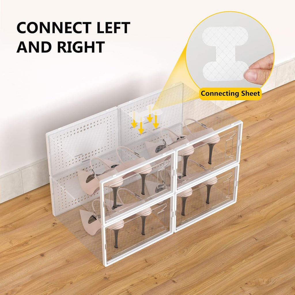 Secret Space 12 Pack XX Large Shoe Storage Organizer for Closet, Modular Space Saving Shoe Boxes Clear Plastic Stackable Containers Display Case Bins with Lids, Shoe Rack for Sneaker Storage, White02