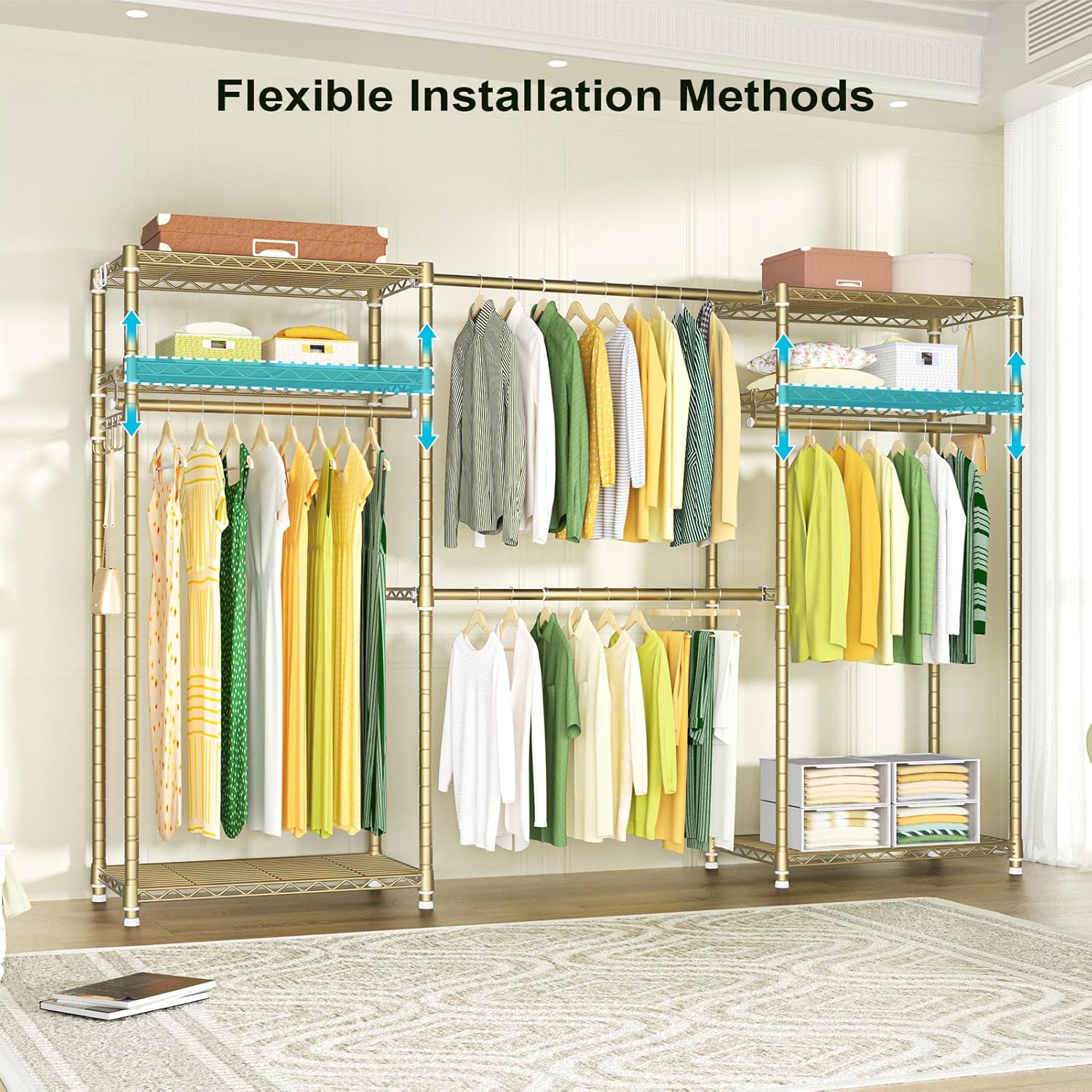 Ulif E1 Heavy Duty Closet Garment Rack, 6 Tiers Adjustable Metal Freestanding Expandable Clothing Storage with 4 Hanger Rods, Easy to Assemble Wardrobe, 71.4" H x (70" - 88.2") L x 14" D, Gold