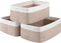 3 Pack Small Storage Baskets for Organizing, Cute Woven Decorative Gift Baskets for Shelves, Mini Closet Organizer Bins with Handles, 11.81''Lx7.87''Wx4.72''H-Brown and White
