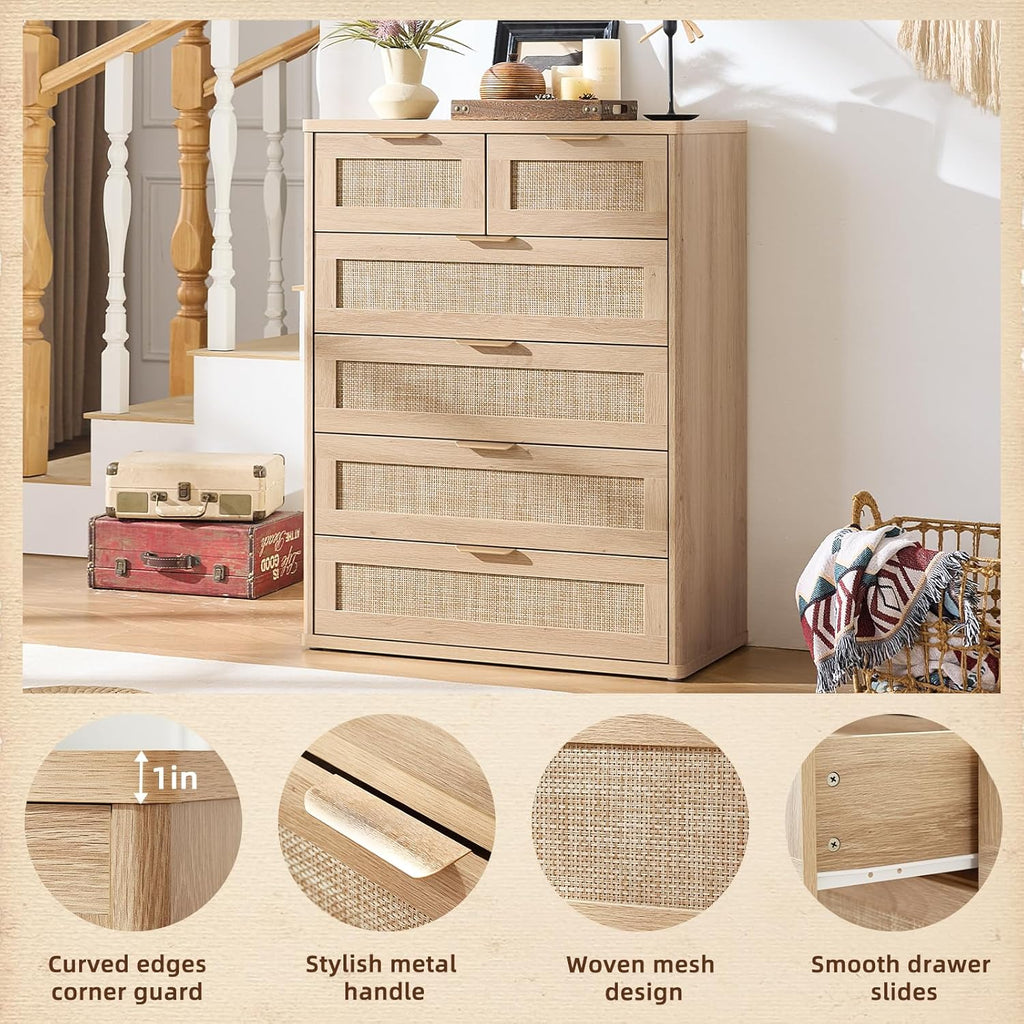 LEYAOYAO Rattan Dresser for Bedroom, 42" Tall Chest of Drawers, Modern 6 Drawers Boho Dressers with Storage, Light Oak Dresser Wooden Closet Organizer for Living Room, Hallway, Natural Wood