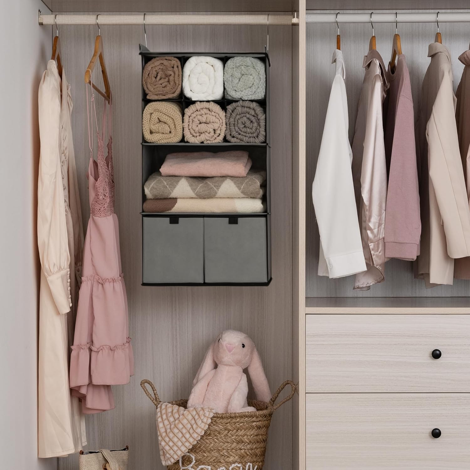 GRANNY SAYS Hanging Closet Organizer with Drawers, 4 Shelf Dividers Closet Hanging Organizer, Foldable Hanging Shelves for Wardrobe Closet, Small Closet Organizers for Clothes Shoes, Grey