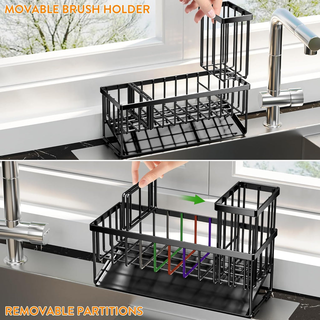 Cisily Extra Large Kitchen Sink Caddy Organzier with High Brush Holder, Sponge Holder for Sink, 304 Rustproof Stainless, Kitchen Countertop Soap Dispenser Organizer For Decor and Accessories