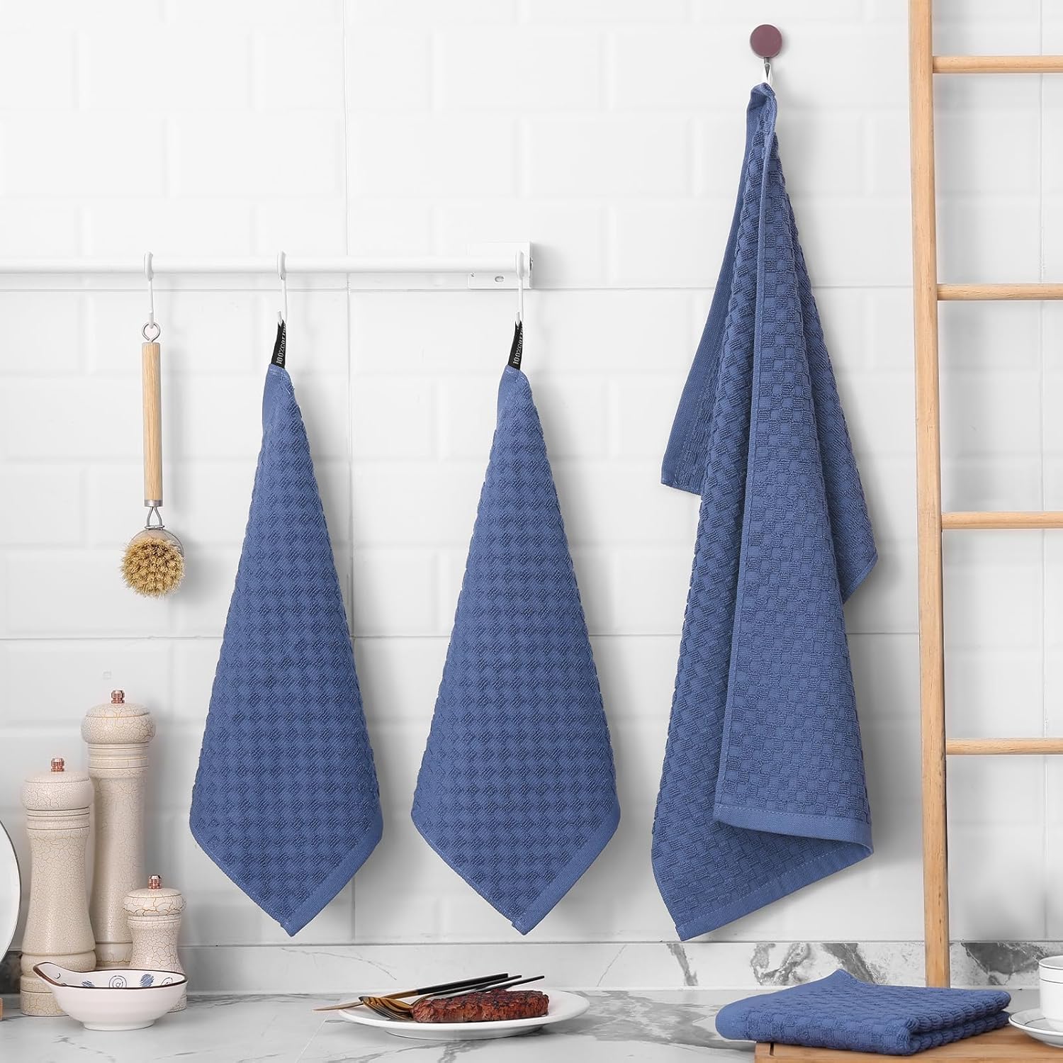 Fintale 100% Cotton Kitchen Towels and Dishcloths Set, 12 x 12 & 15 x 25 Inches, Set of 12 Bulk Super Soft and Absorbent Terry Cloth Dish Towels, Quick Drying Hand Towels with Hanging Loop, Navy Blue