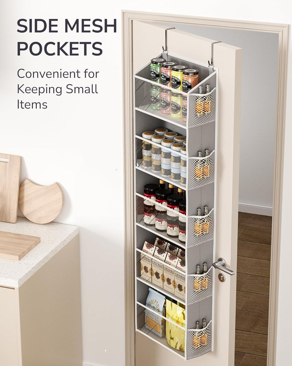 ULG 1-Pack Over Door Organizer with 5 Large Pockets 10 Mesh Side Pockets, 44 lbs Weight Capacity Hanging Storage Organizer with Clear Window for Bedroom Bathroom Kitchen, RV, Camper, Clear Grey