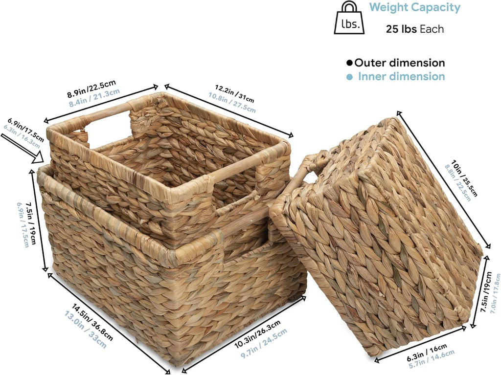 Water Hyacinth Storage Baskets with Wooden Handles, Rectangular Woven Organizer Bins for Closet, Pantry, Bathroom, or Shelves, Natural Decorative Storage Baskets for Home Organization – Set of 3