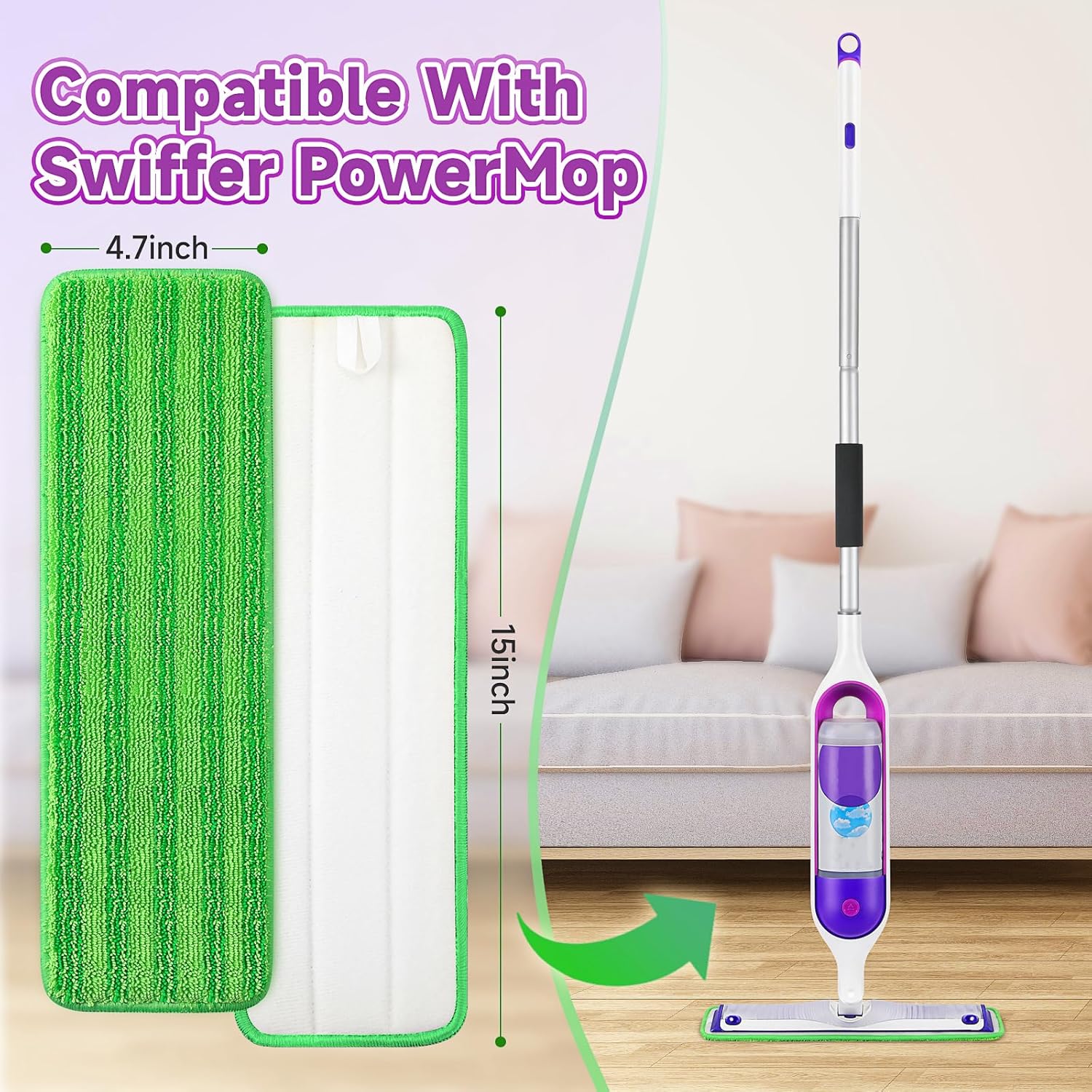 8 Pack Reusable Mop Pads Compatible for Swiffer PowerMop,Microfiber Mop Pads for 13-15'' Spray Mop, Floor Mop Pads Refills for Swiffer, Machine Wash,Green(Not Included Mop)