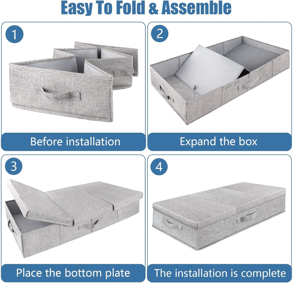 Underbed Storage Containers Bin with Lids, Large Under Bed Storage Organizer Box with Handle, Foldable Under the Storage Bags for Organizing Clothes, Shoes, Blankets, Pillows