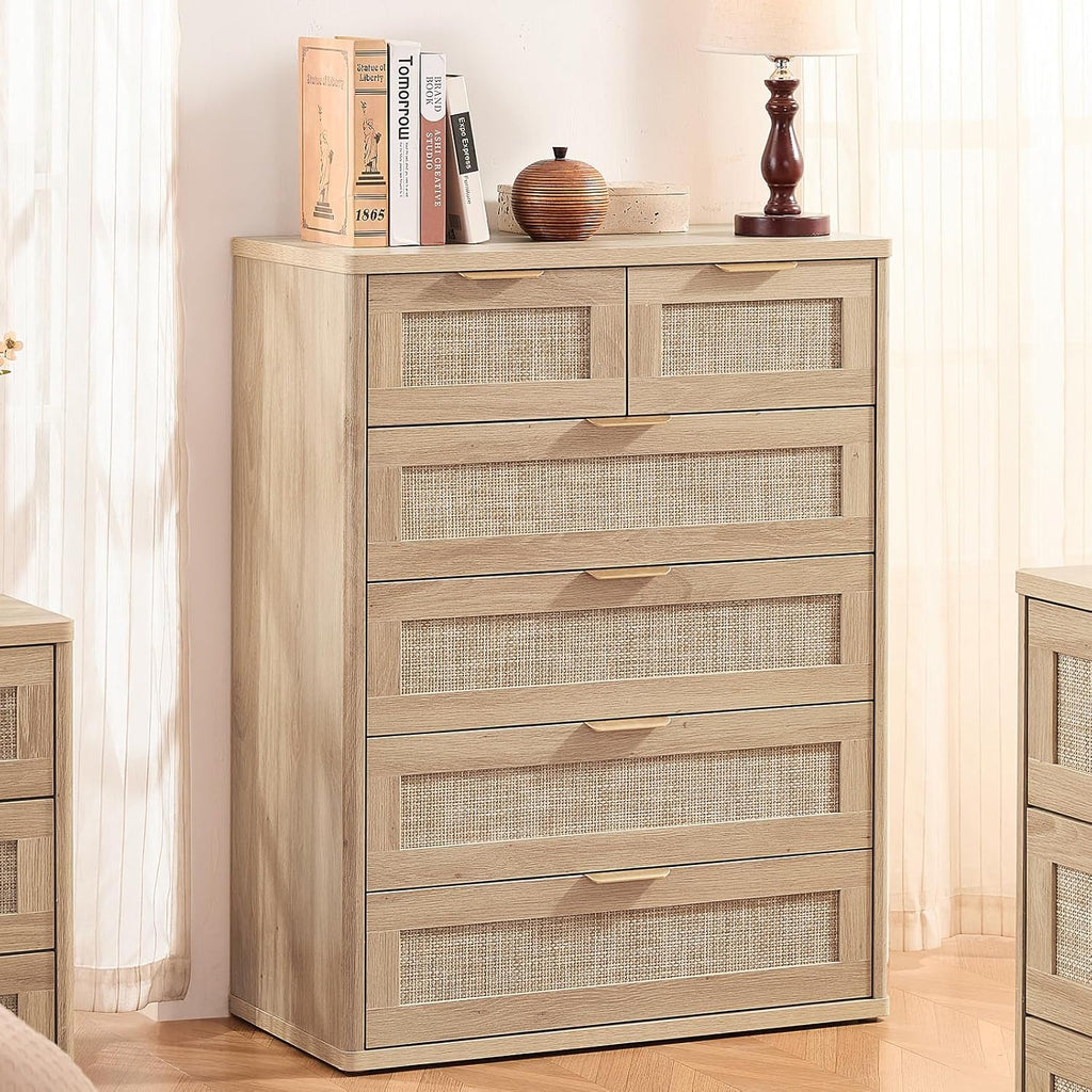 LEYAOYAO Rattan Dresser for Bedroom Set of 2, 42" Tall Chest of Drawers, Modern 6 Drawers Boho Dressers with Storage, Light Oak Dresser Wooden Closet Organizer for Living Room, Hallway, Natural Wood