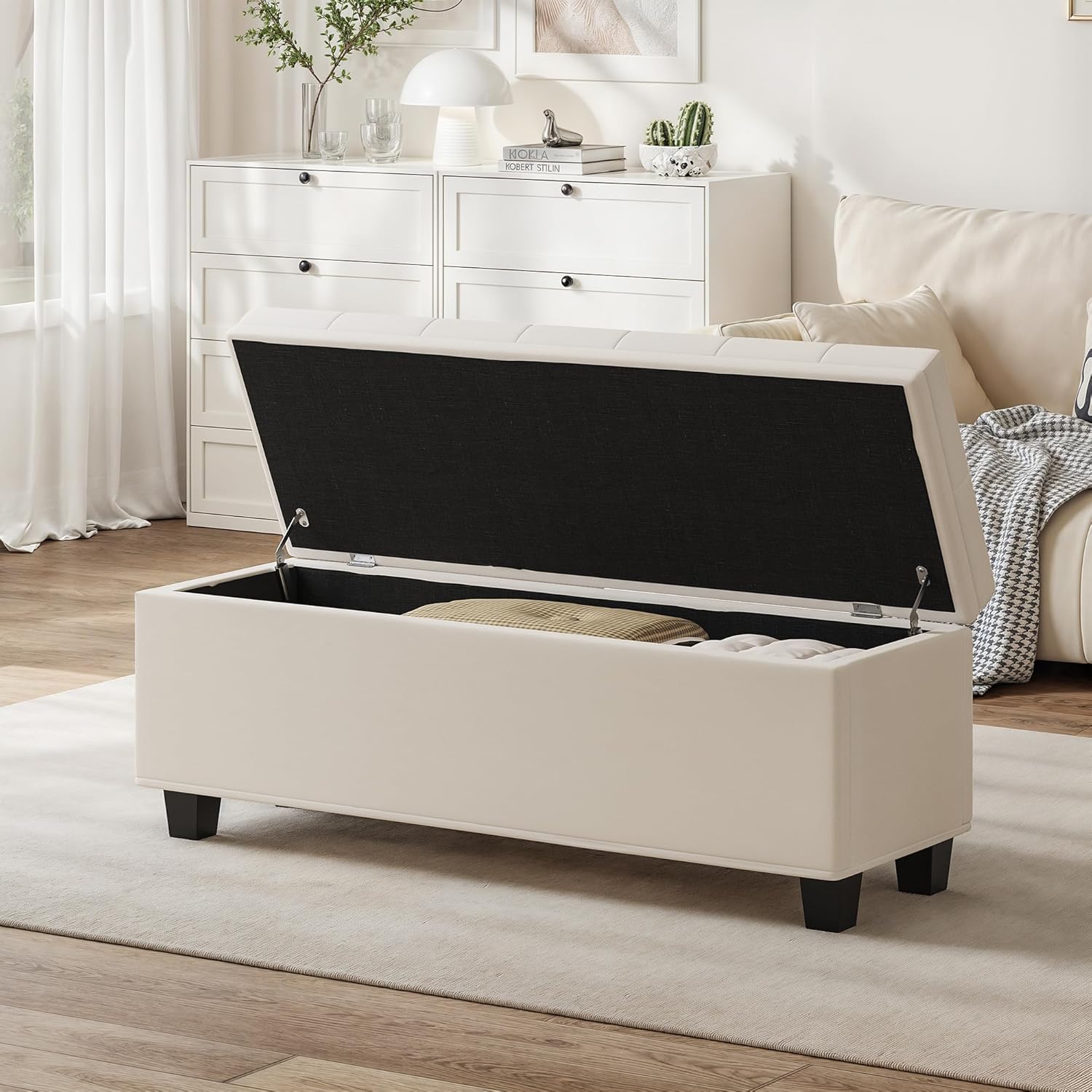 Maupvit Ottoman with Storage, Ottoman Bench with Lift Top, Upholstered Storage Bench with Hinged Lid, Bedroom Bench with Seating, Foot Rest Stool（Beige）