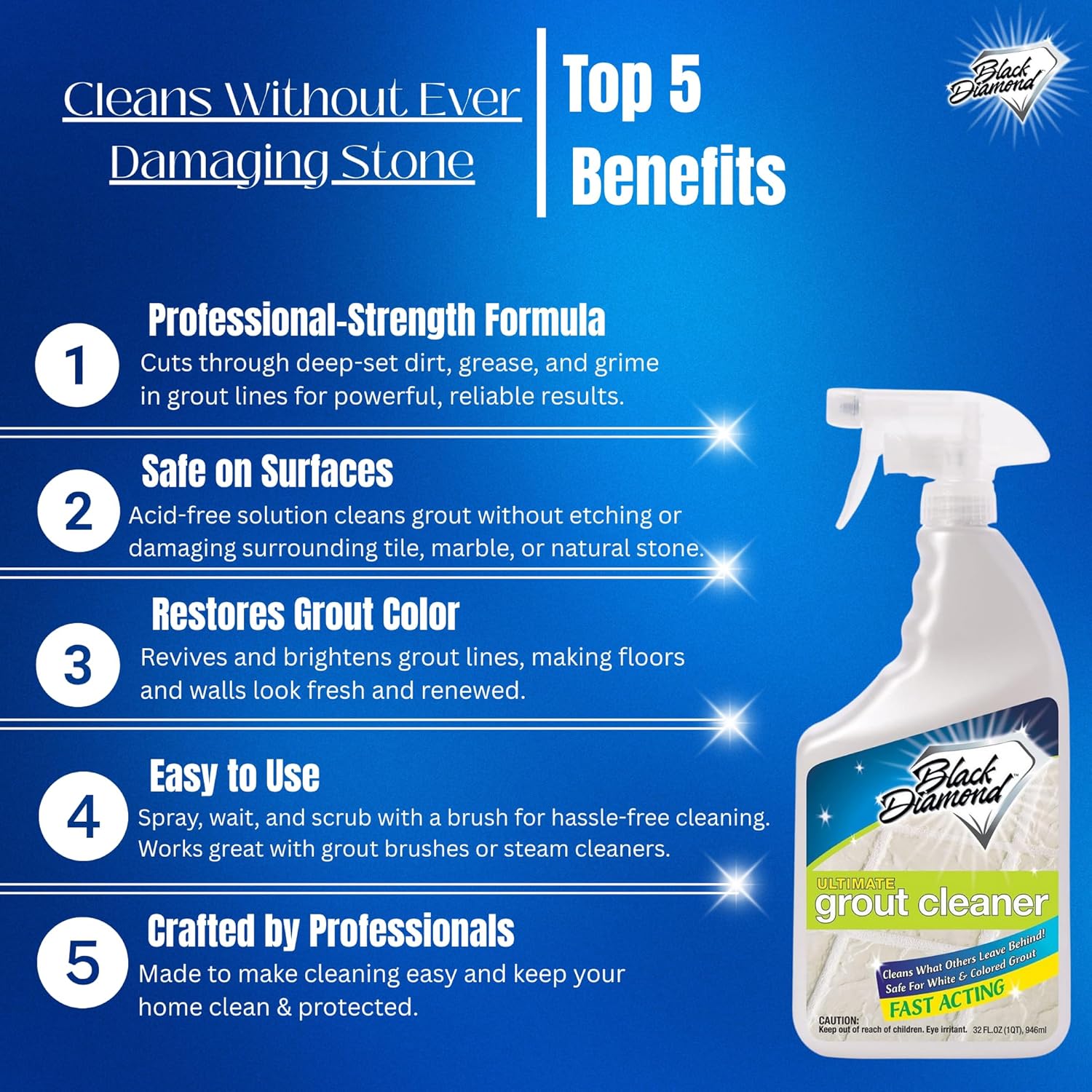 Black Diamond Ultimate Grout Cleaner: Best Cleaner for Tile,Ceramic,Porcelain, Marble Acid-Free Safe Deep Cleaner & Stain Remover for Even The Dirtiest Grout. (1-Quart/1-Brush)