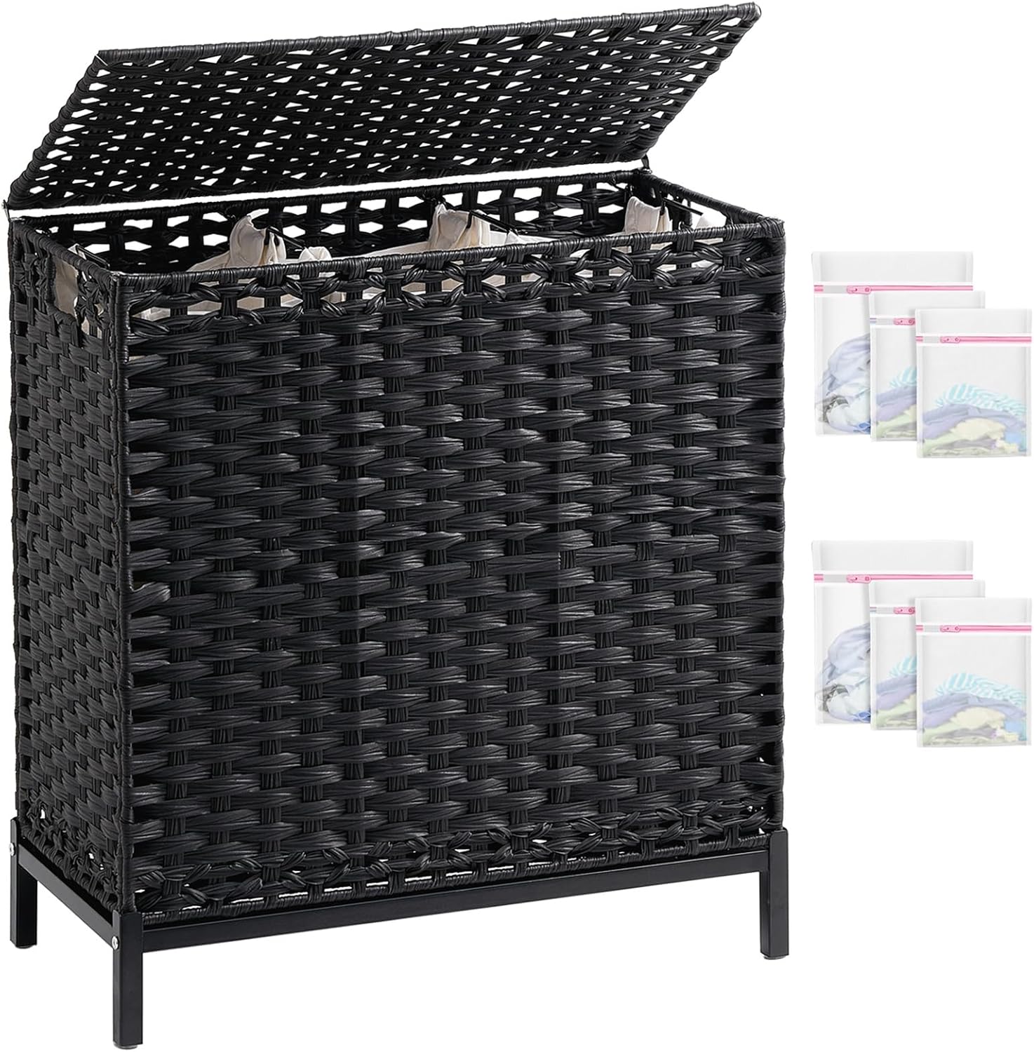 Laundry Hamper with Lid 132 L, (35 Gallons) Clothes Hamper with Lid, Handwoven Rattan Laundry Hamper with Metal Heightened Feet, Laundry Hampers with 3 Removable Liner Bags for Laundry-Black