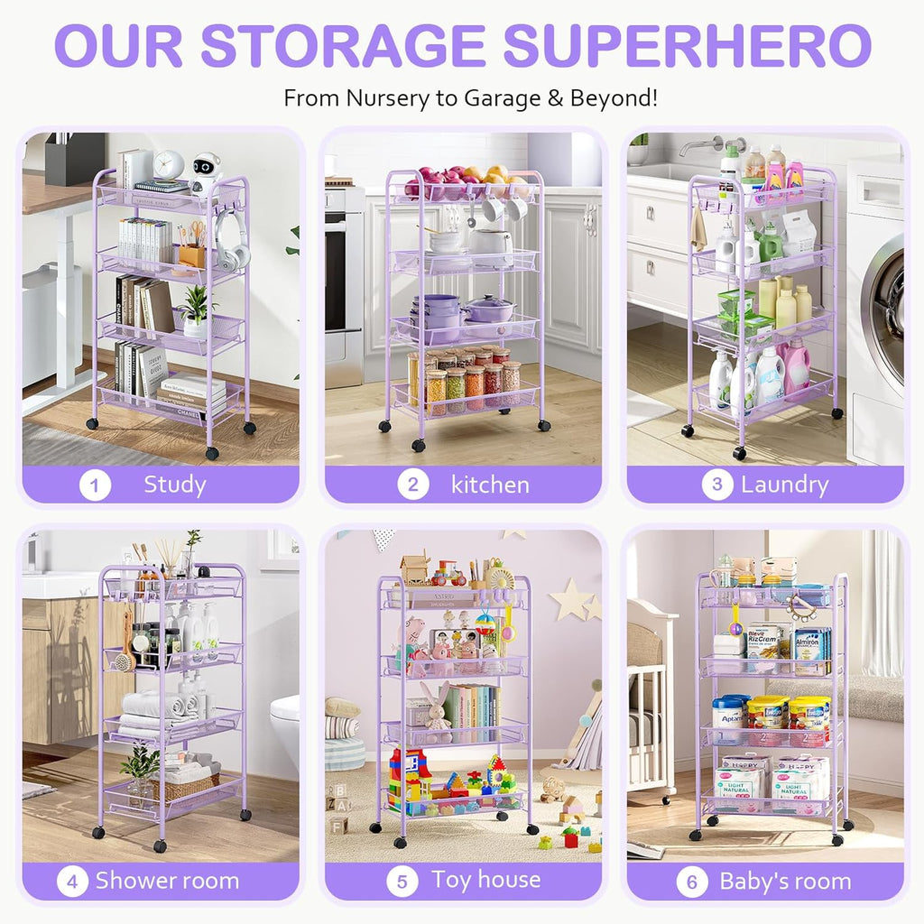 TOOLF 4-Tier Rolling Cart, Metal Utility Cart with 3 Hooks, Easy Assemble Mobile Storage Trolley On Wheels, Metal Shelving Units Kitchen Bathroom Laundry Room