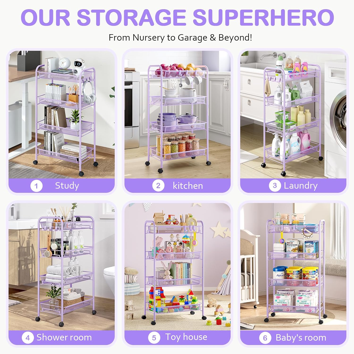 TOOLF 4-Tier Rolling Cart, Metal Utility Cart with 3 Hooks, Easy Assemble Mobile Storage Trolley On Wheels, Metal Shelving Units Kitchen Bathroom Laundry Room