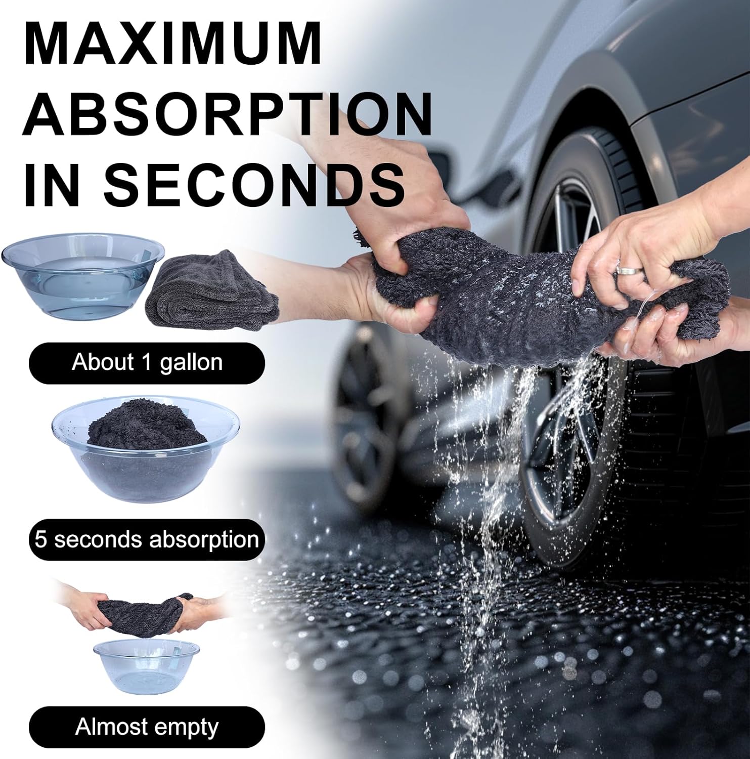 2 Pack XL Car Drying Towel – 1300GSM Ultra Absorbent Microfiber, 24"x36" Large Size, Twisted Loop, Lint-Free & Streak-Free for Auto Detailing, Car, SUV, Truck (Gray-Gray)