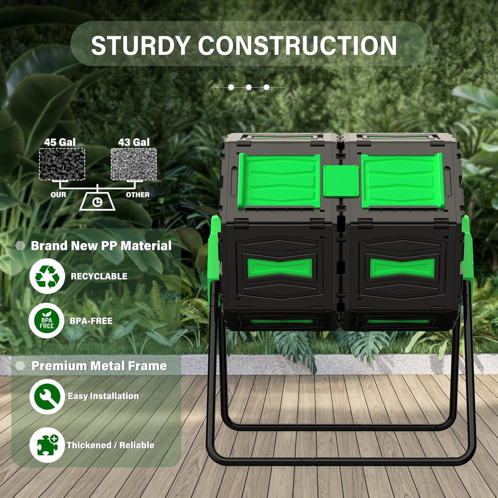 Compost Tumbler, 45 Gallon / 170L Dual Chamber Compost Bin Outdoor, 360° Rotating Composter Tumbler, BPA-Free Fast-Working All-Season Heavy-Duty Large Capacity Compost Bin Kitchen Garden Yard Waste
