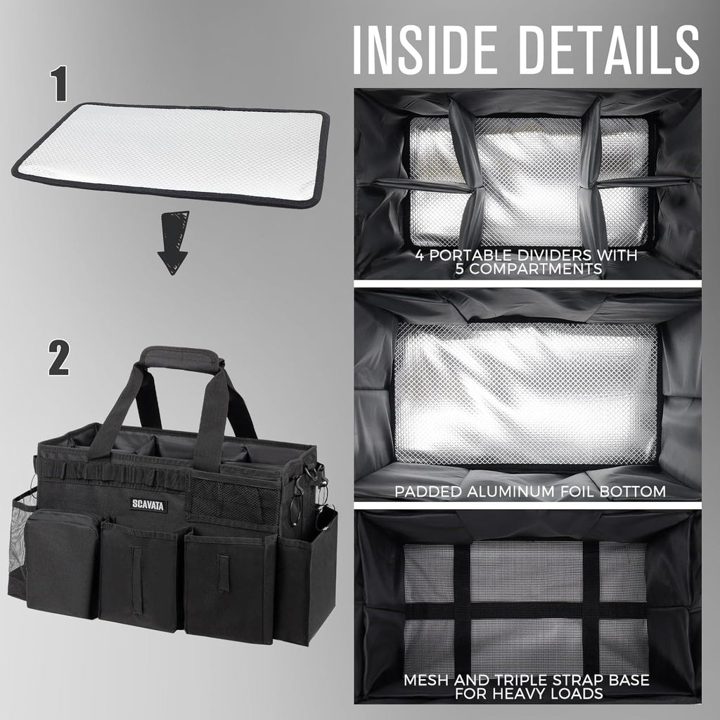 Wearable Cleaning Caddy Bag, Supplies Organizer with Handle & Shoulder Straps for Housekeepers, Under Sink & Car Cleaning Tool Organizer with 4 Foldable Dividers (Black)