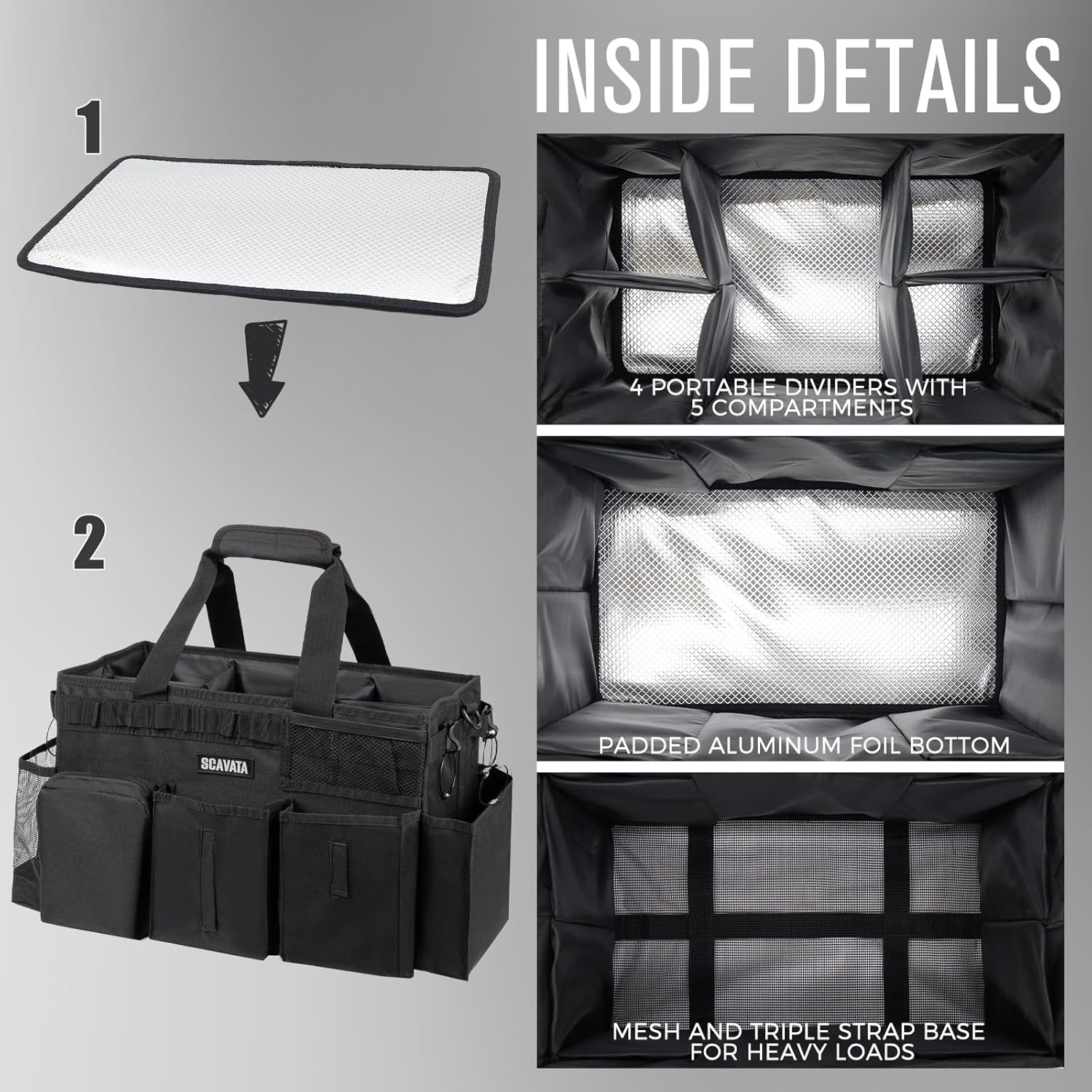 Wearable Cleaning Caddy Bag, Supplies Organizer with Handle & Shoulder Straps for Housekeepers, Under Sink & Car Cleaning Tool Organizer with 4 Foldable Dividers (Black)