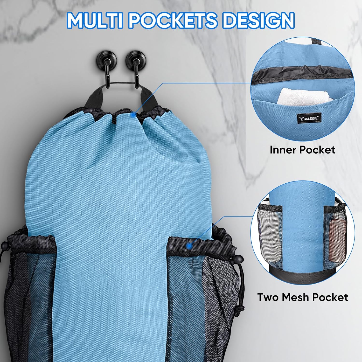 BALEINE 150L Laundry Bag Backpack, 900D Oxford Fabric Large Travel Laundry Bags with Shoulder Straps and 2 Mesh Pockets for College Dorm, Apartment, Laundromat (Blue, 150L)