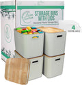 Storage Bins with Bamboo Lid – Stackable, Multi-Purpose Organizers for Pantry, Closet, Kitchen, and Home – Elegant Wicker-Style Design with Ergonomic Handles (Cream)