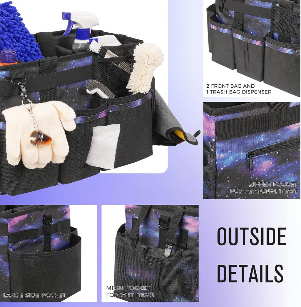 Wearable Cleaning Caddy, Cleaning Caddy Supplies Organizer with Handle & Shoulder Straps for Housekeepers, Under Sink & Car Cleaning Tool Organizers Bag with 4 Foldable Divider (StarrySky)