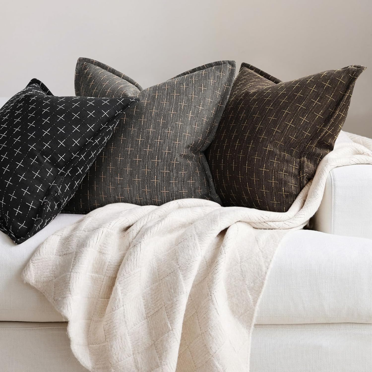ZWJD Pillow Covers 16x16 Set of 2 Soft Polyester Textured Pillow Covers with Stylish Flange Edge Cozy Farmhouse Throw Pillows for Couch Bed Sofa Living Room
