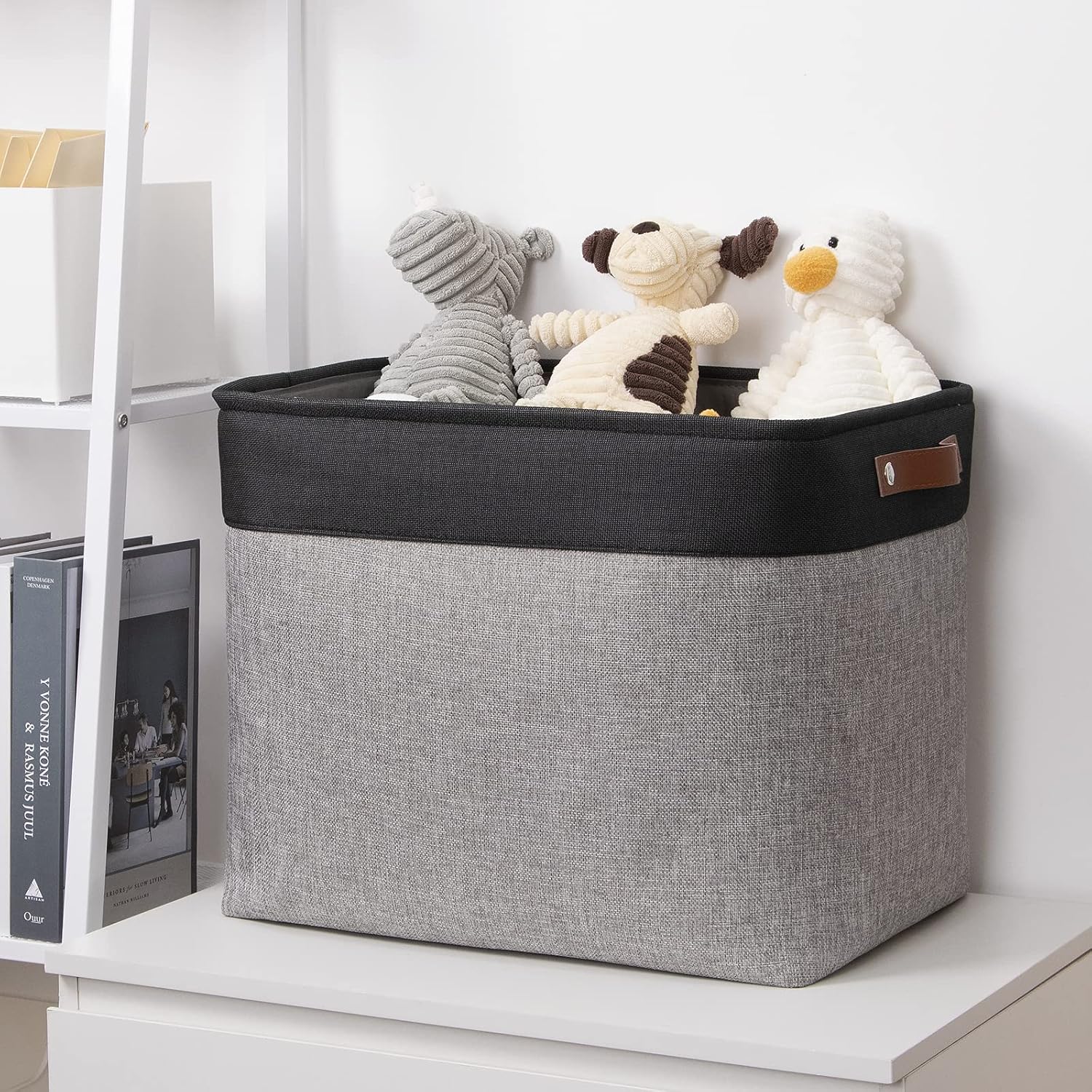 DULLEMELO Large Collapsible Storage Basket/Bin with Sturdy Leather Handles, Fabric Organizer Bin for Storage Clothes, Toys, Books, Office, Bedroom, Closet, Nursery & Laundry (Black&Gray)