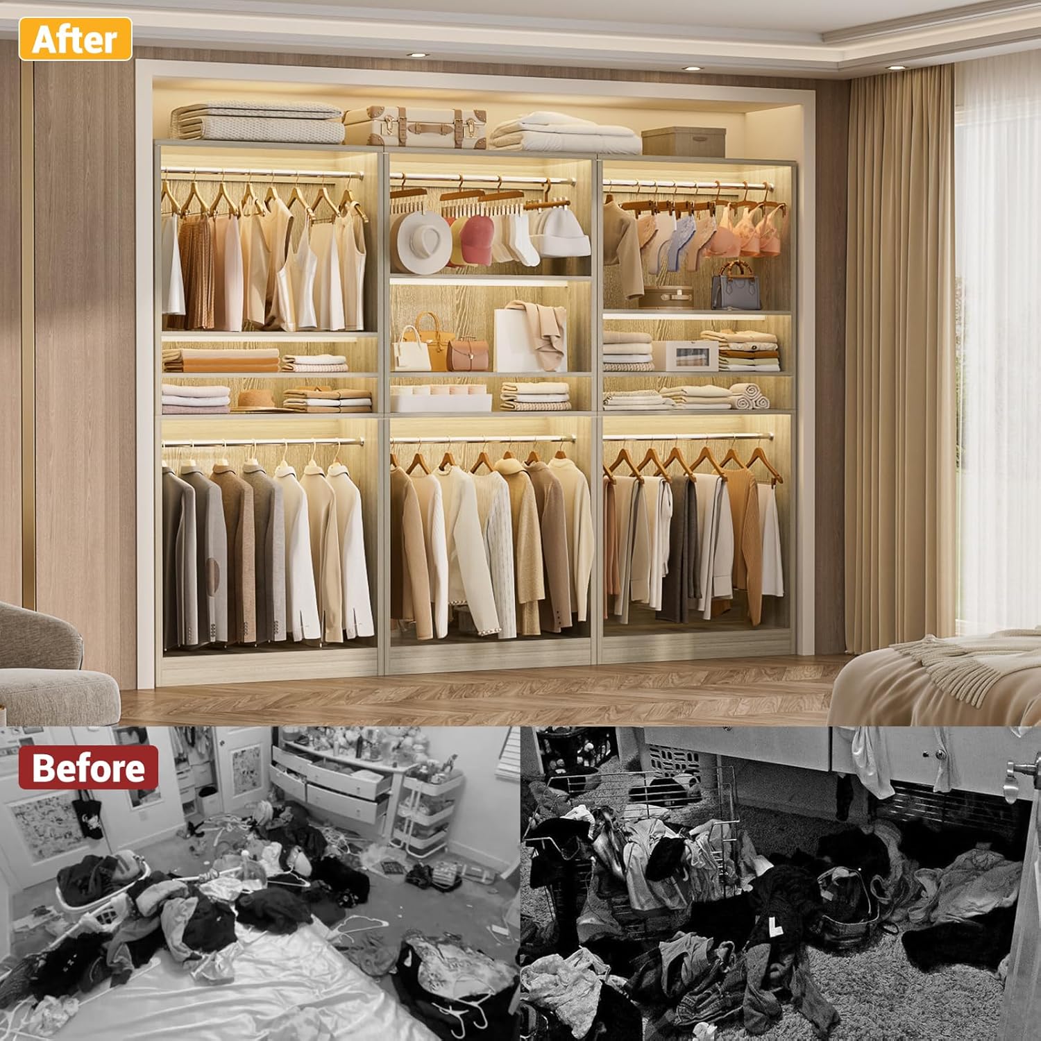 Unikito 3FT Freestanding Closet System with 2 Hanging Rods & Adjustable Shelve, 36'' Wood Closet Organizer System, Clothes Garment Rack, Sturdy Walk-in Closet Wardrobe Tower, Easy Assembly, White Oak